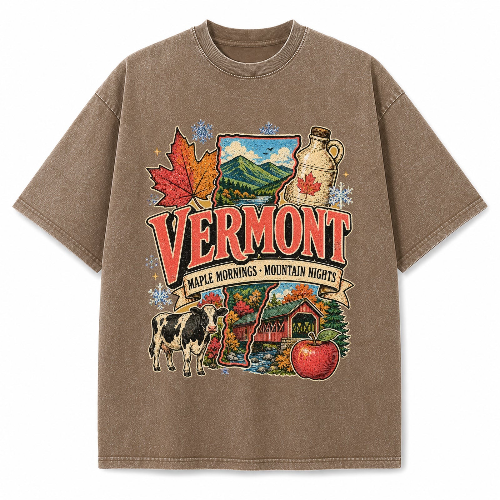 Colorful Vermont State Collage Washed Vintage T-Shirt in Brown, front view on a white background