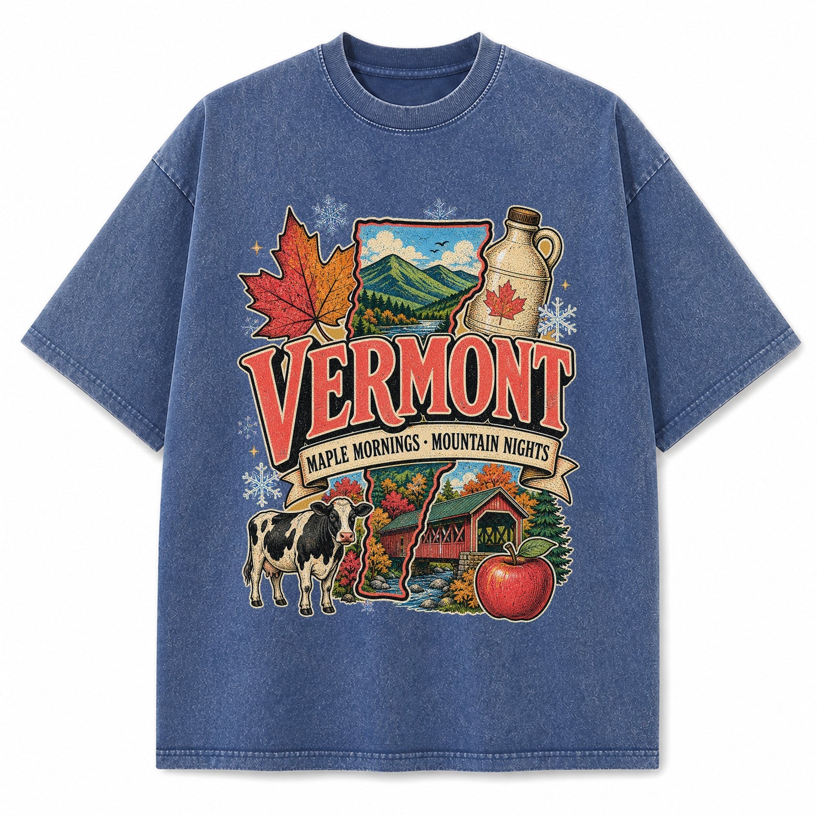 Colorful Vermont State Collage Washed Vintage T-Shirt in Blue, front view on a white background
