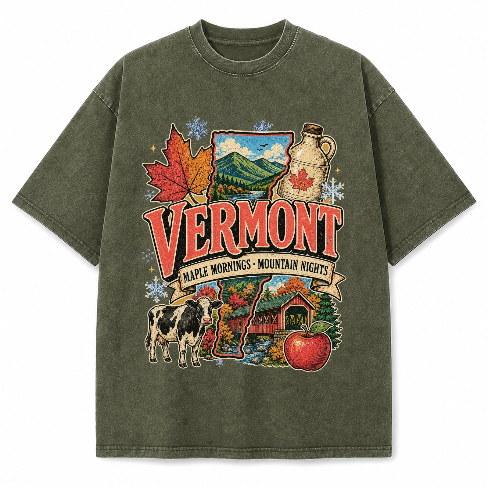 Colorful Vermont State Collage Washed Vintage T-Shirt in Military Green, front view on a white background