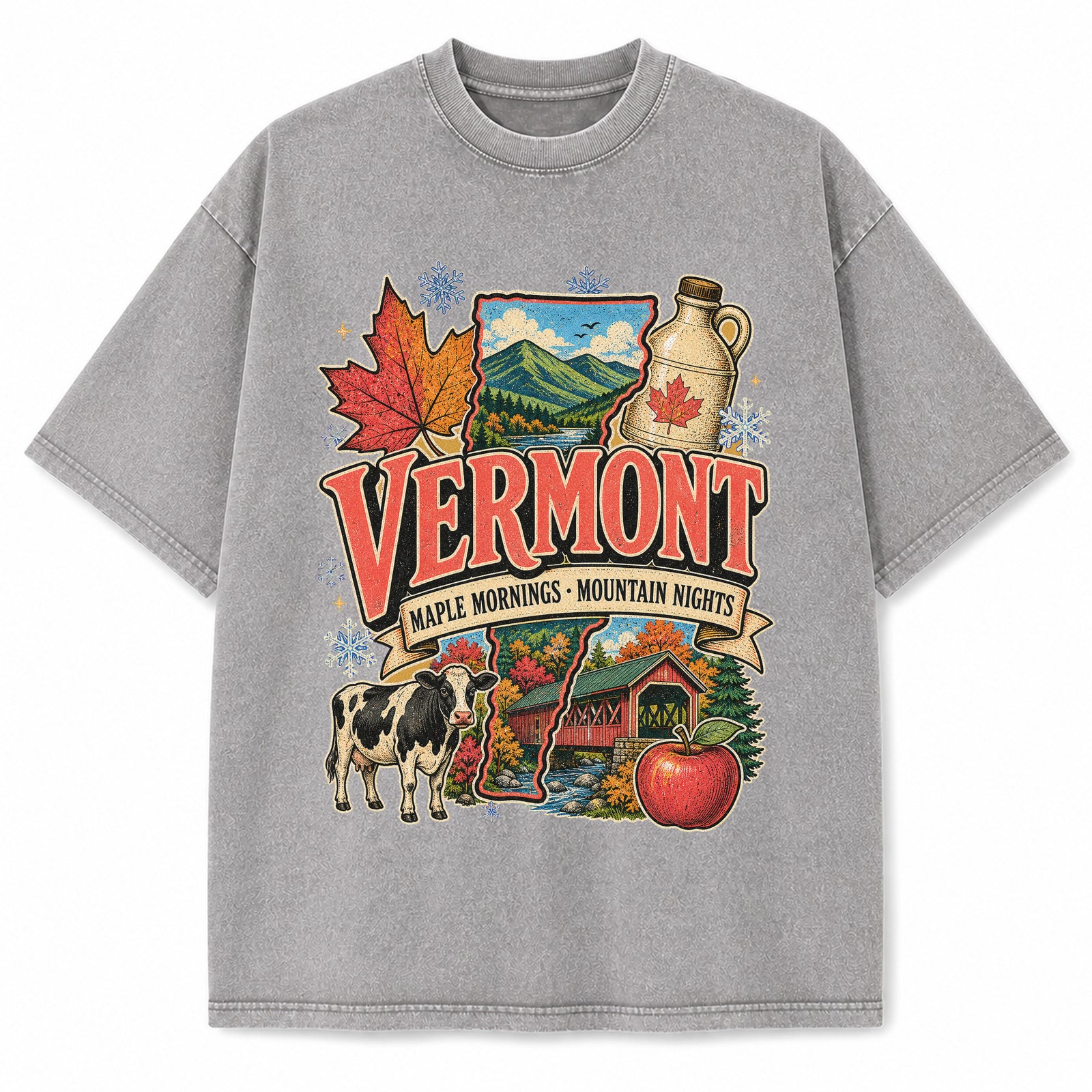 Colorful Vermont State Collage Washed Vintage T-Shirt in Light Gray, front view on a white background