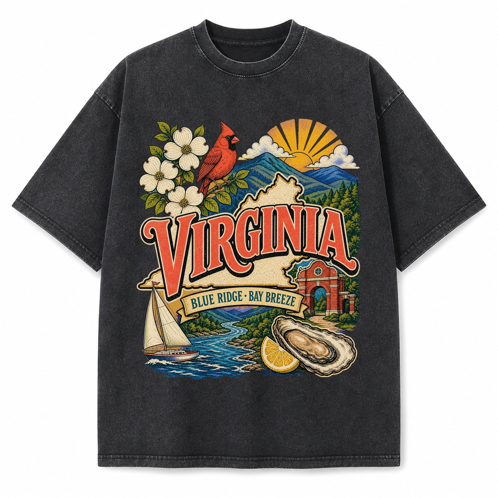 Colorful Virginia State Collage Washed Vintage T-Shirt in Black, front view on a white background