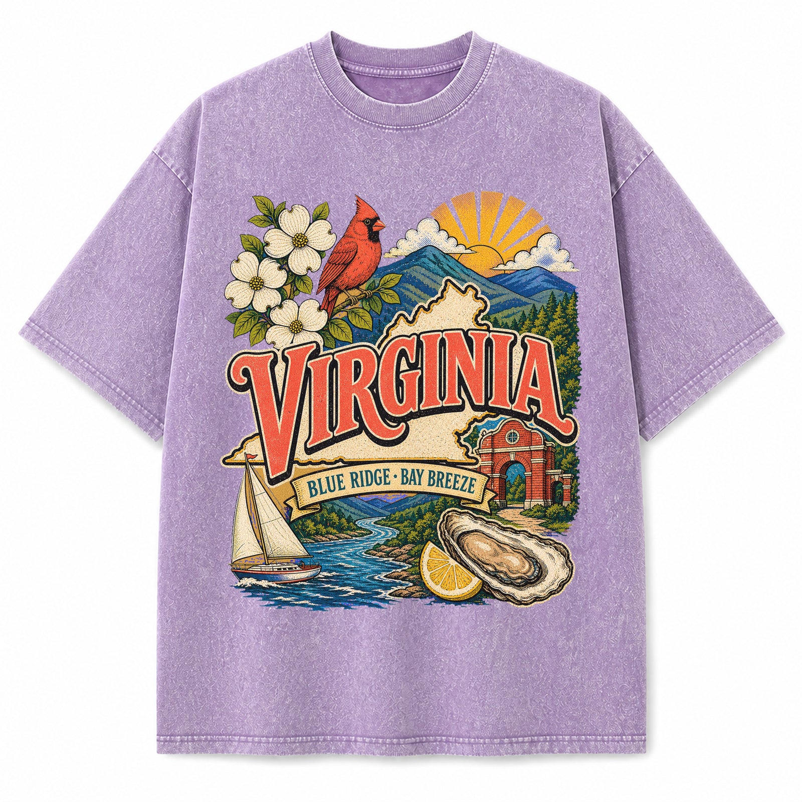 Colorful Virginia State Collage Washed Vintage T-Shirt in Purple, front view on a white background