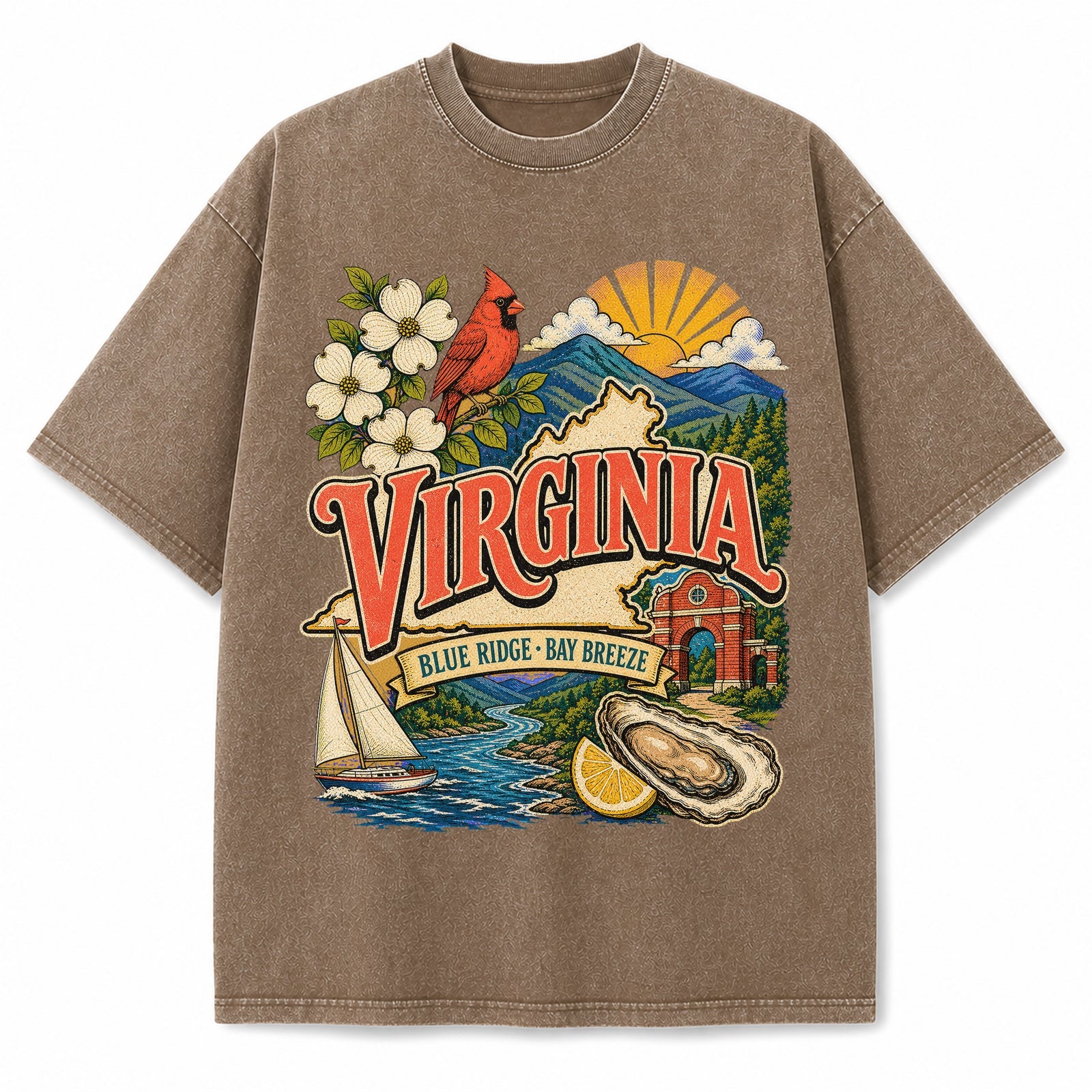 Colorful Virginia State Collage Washed Vintage T-Shirt in Brown, front view on a white background