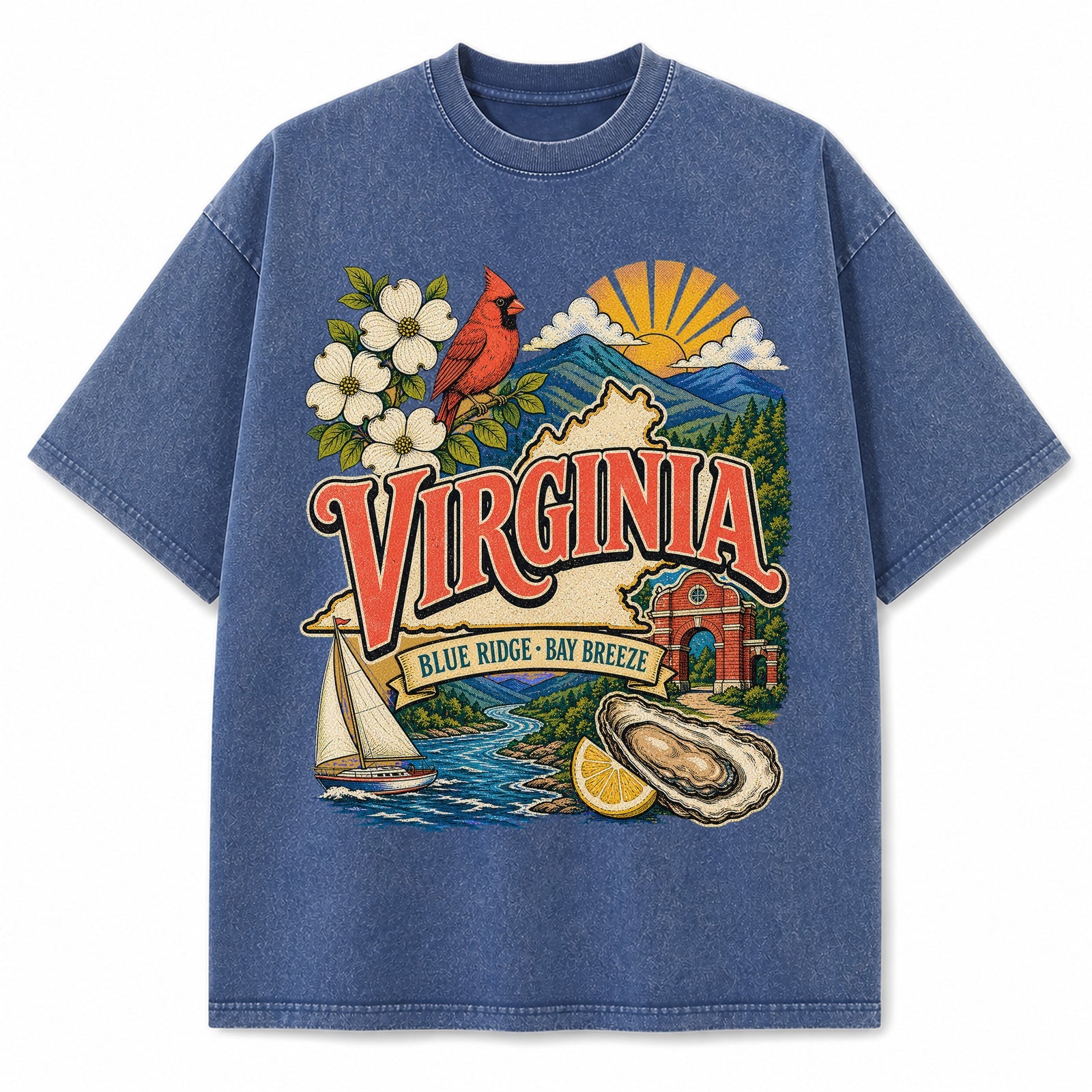 Colorful Virginia State Collage Washed Vintage T-Shirt in Blue, front view on a white background
