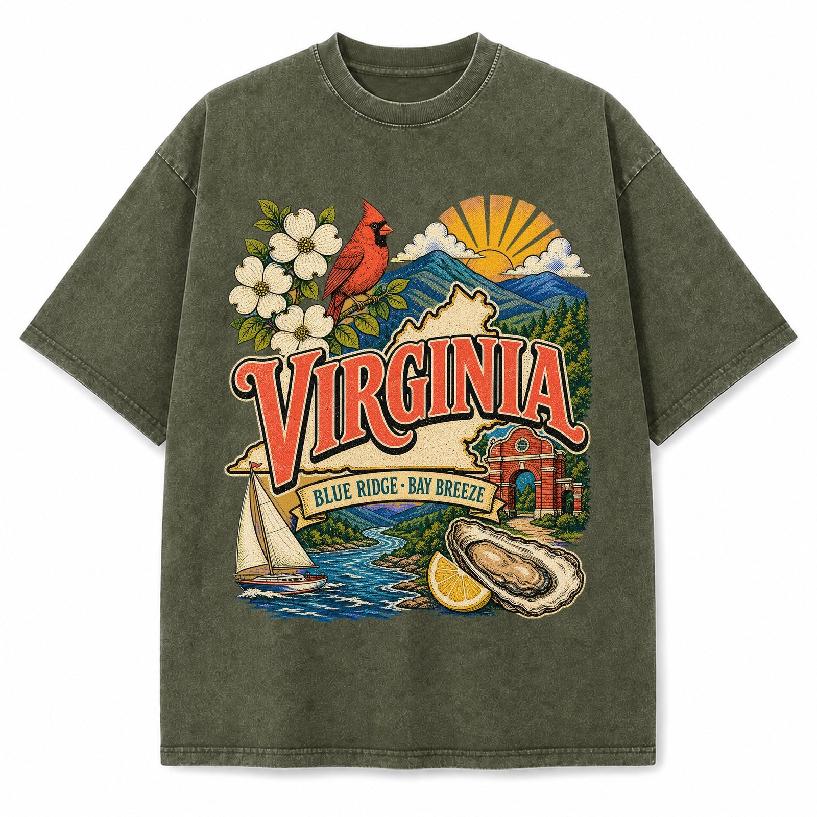 Colorful Virginia State Collage Washed Vintage T-Shirt in Military Green, front view on a white background