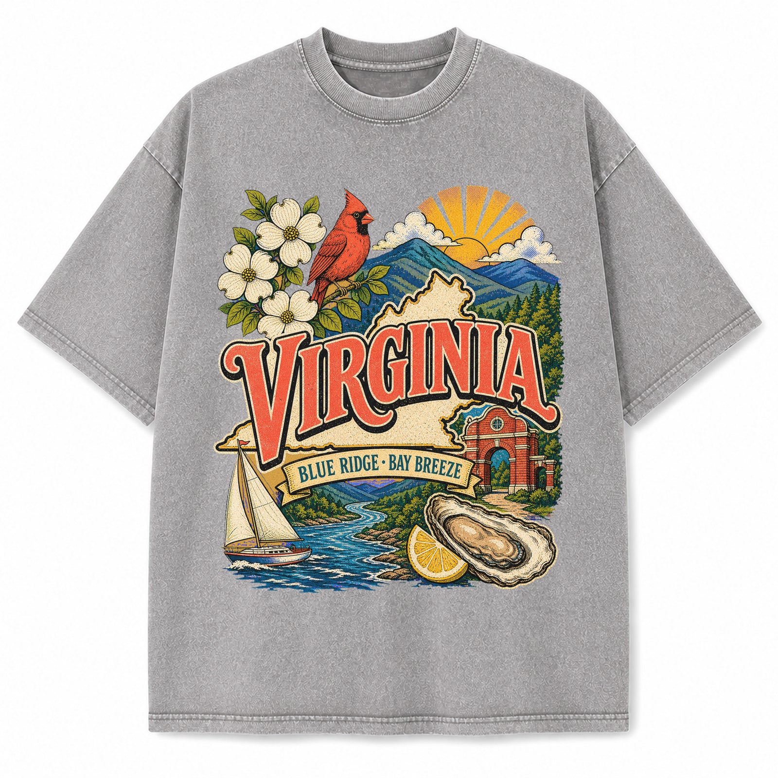 Colorful Virginia State Collage Washed Vintage T-Shirt in Light Gray, front view on a white background