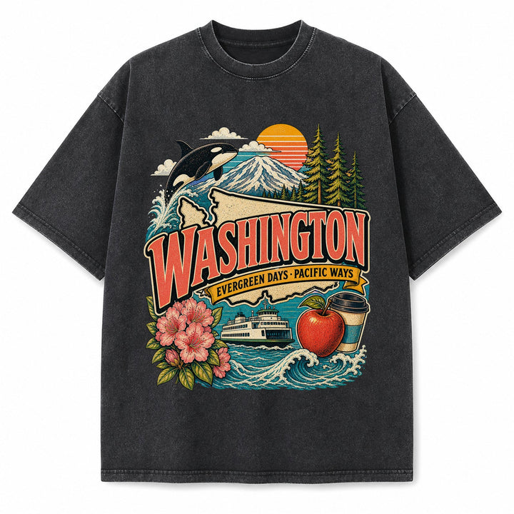 Colorful Washington State Collage Washed Vintage T-Shirt in Black, front view on a white background