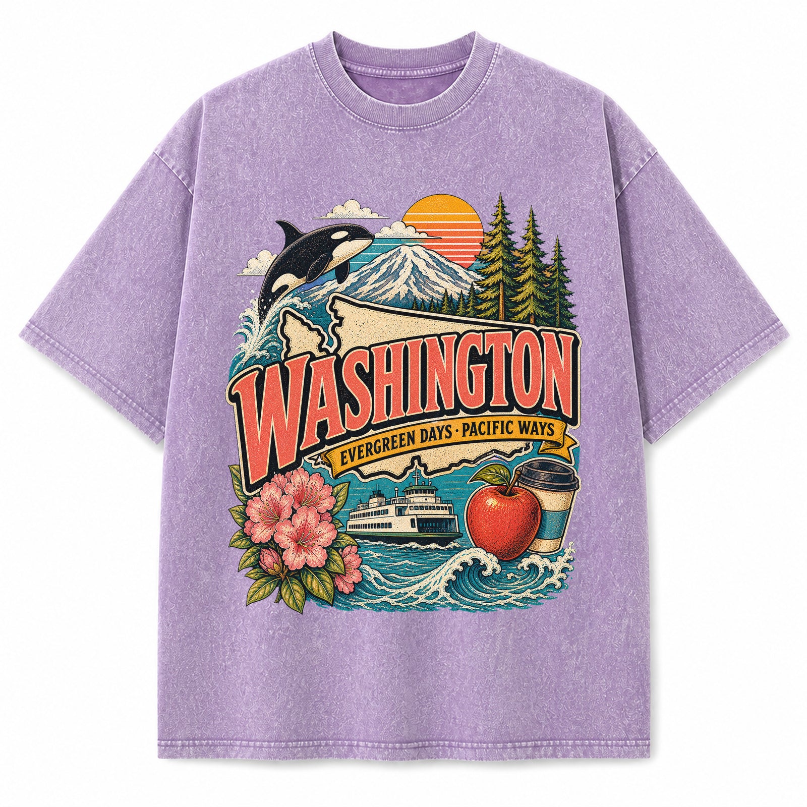 Colorful Washington State Collage Washed Vintage T-Shirt in Purple, front view on a white background