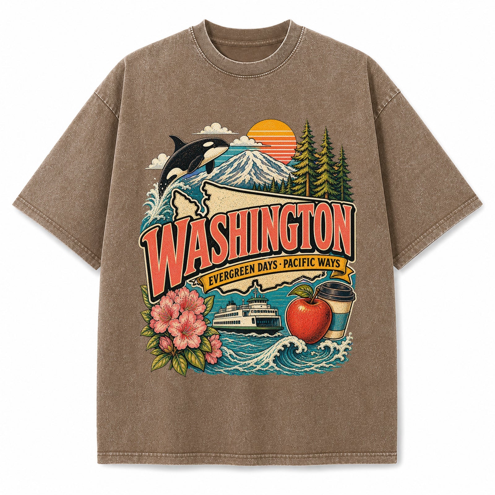 Colorful Washington State Collage Washed Vintage T-Shirt in Brown, front view on a white background