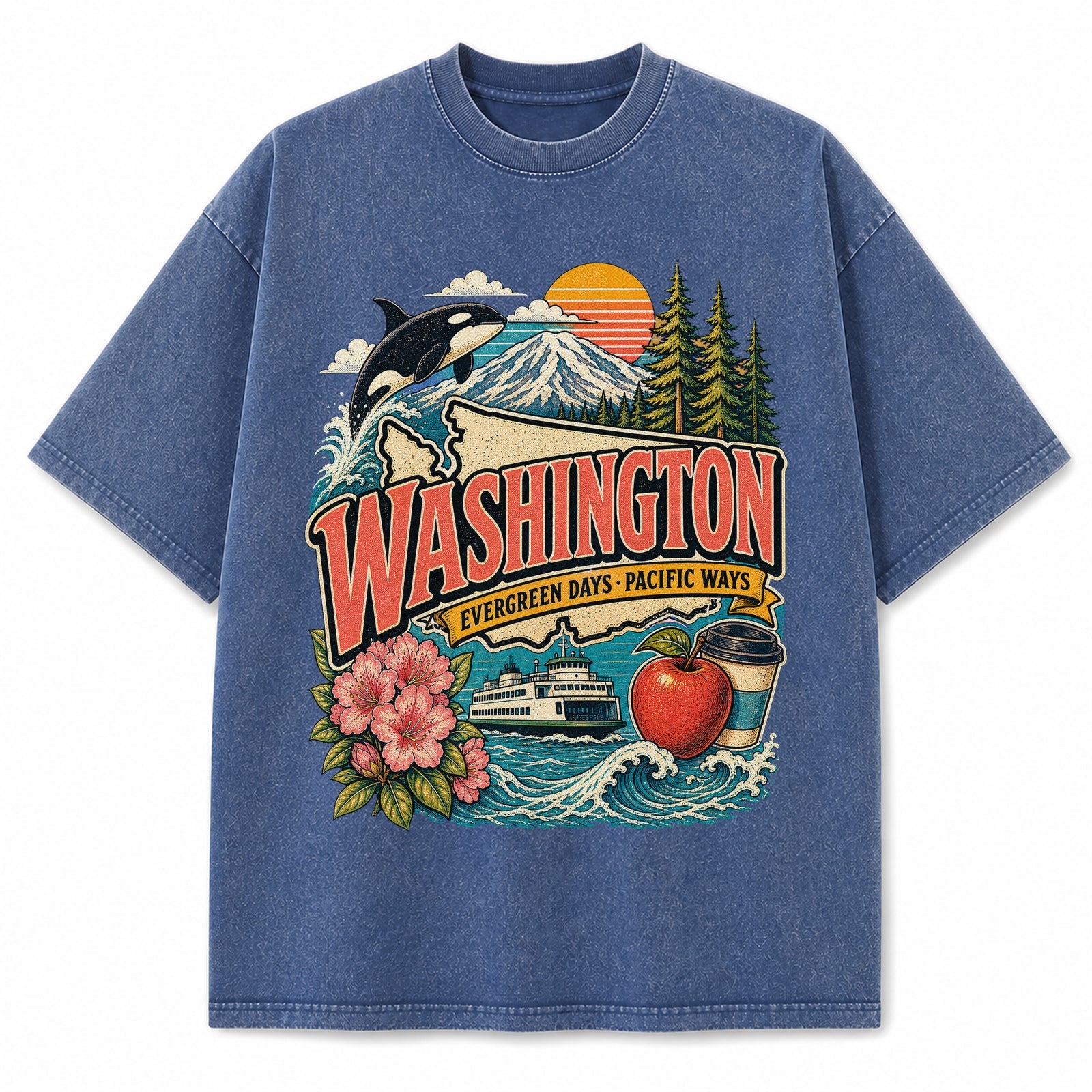 Colorful Washington State Collage Washed Vintage T-Shirt in Blue, front view on a white background