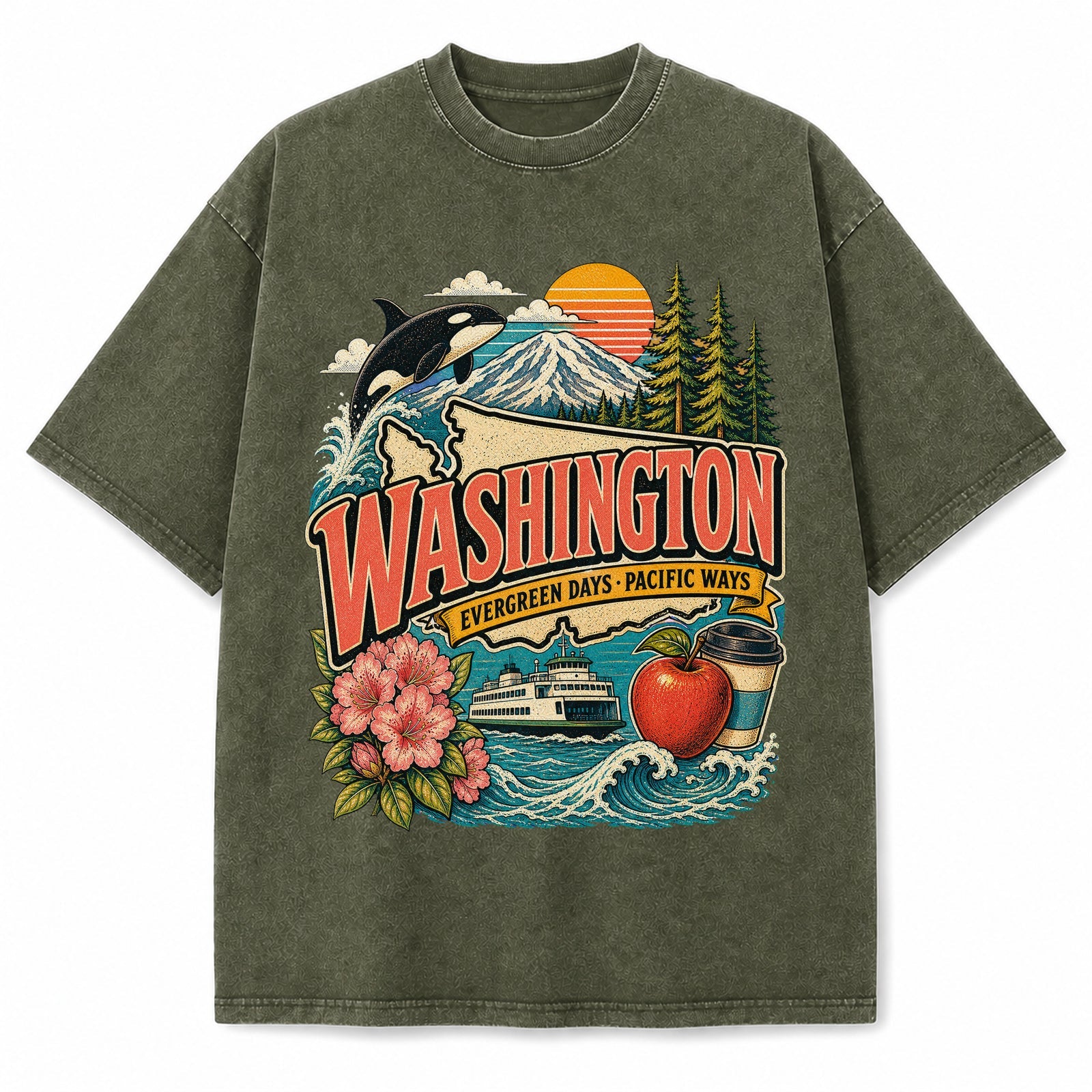 Colorful Washington State Collage Washed Vintage T-Shirt in Military Green, front view on a white background
