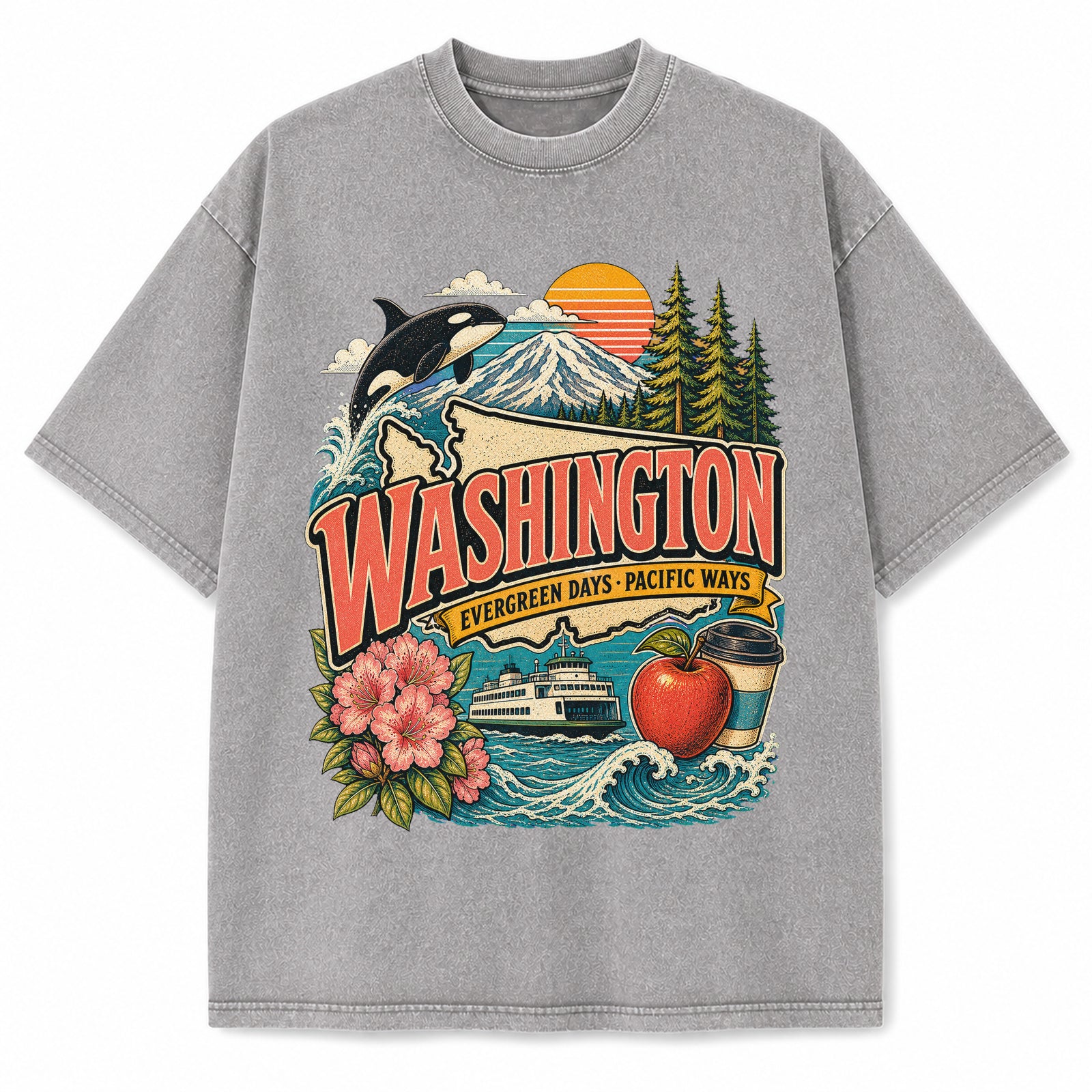 Colorful Washington State Collage Washed Vintage T-Shirt in Light Gray, front view on a white background