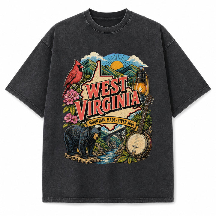 Colorful West Virginia State Collage Washed Vintage T-Shirt in Black, front view on a white background