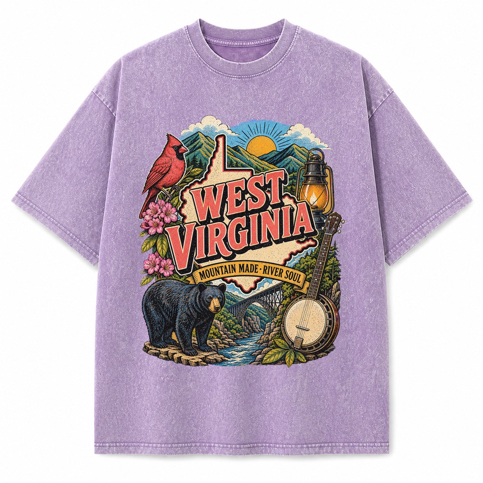 Colorful West Virginia State Collage Washed Vintage T-Shirt in Purple, front view on a white background