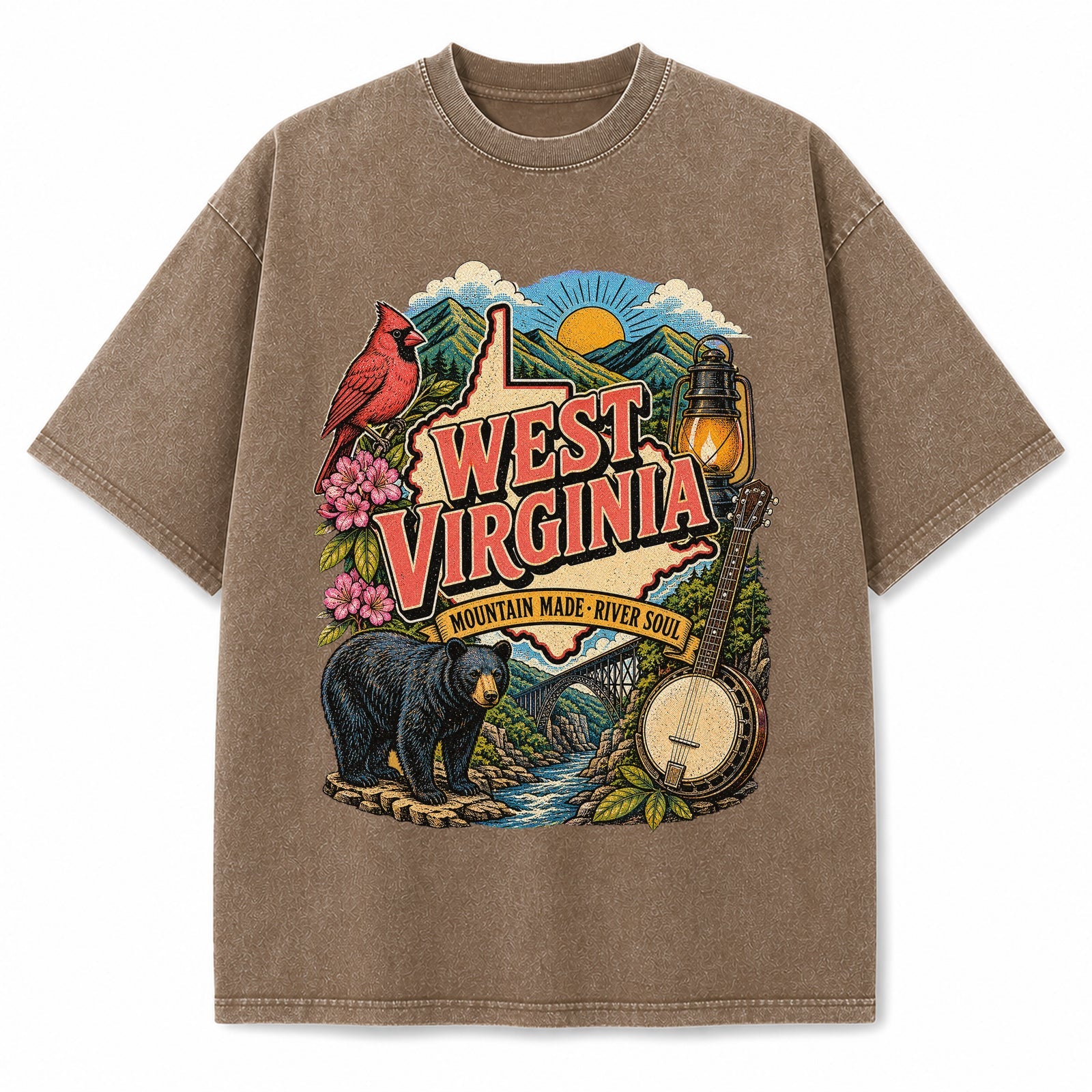 Colorful West Virginia State Collage Washed Vintage T-Shirt in Brown, front view on a white background