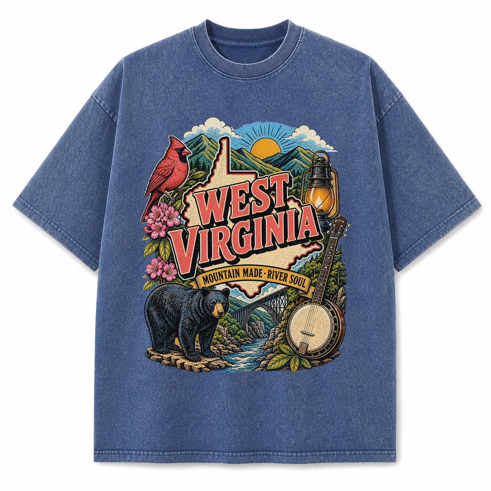 Colorful West Virginia State Collage Washed Vintage T-Shirt in Blue, front view on a white background