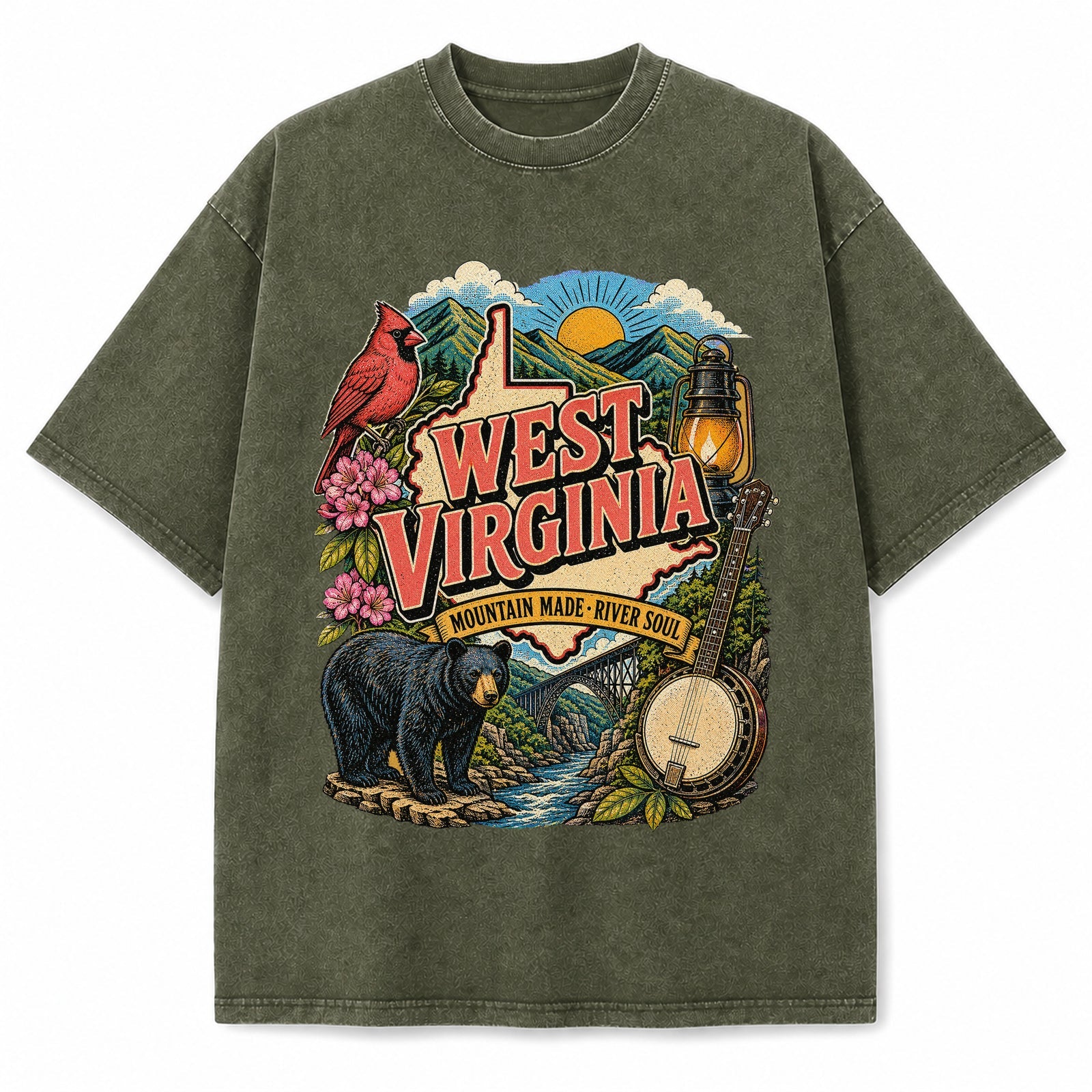 Colorful West Virginia State Collage Washed Vintage T-Shirt in Military Green, front view on a white background