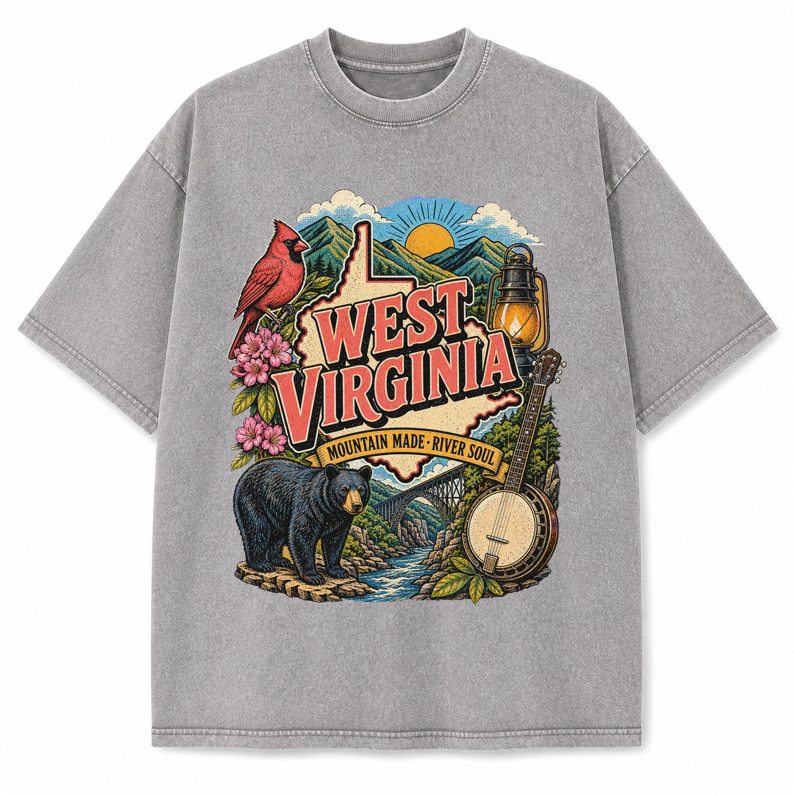 Colorful West Virginia State Collage Washed Vintage T-Shirt in Light Gray, front view on a white background
