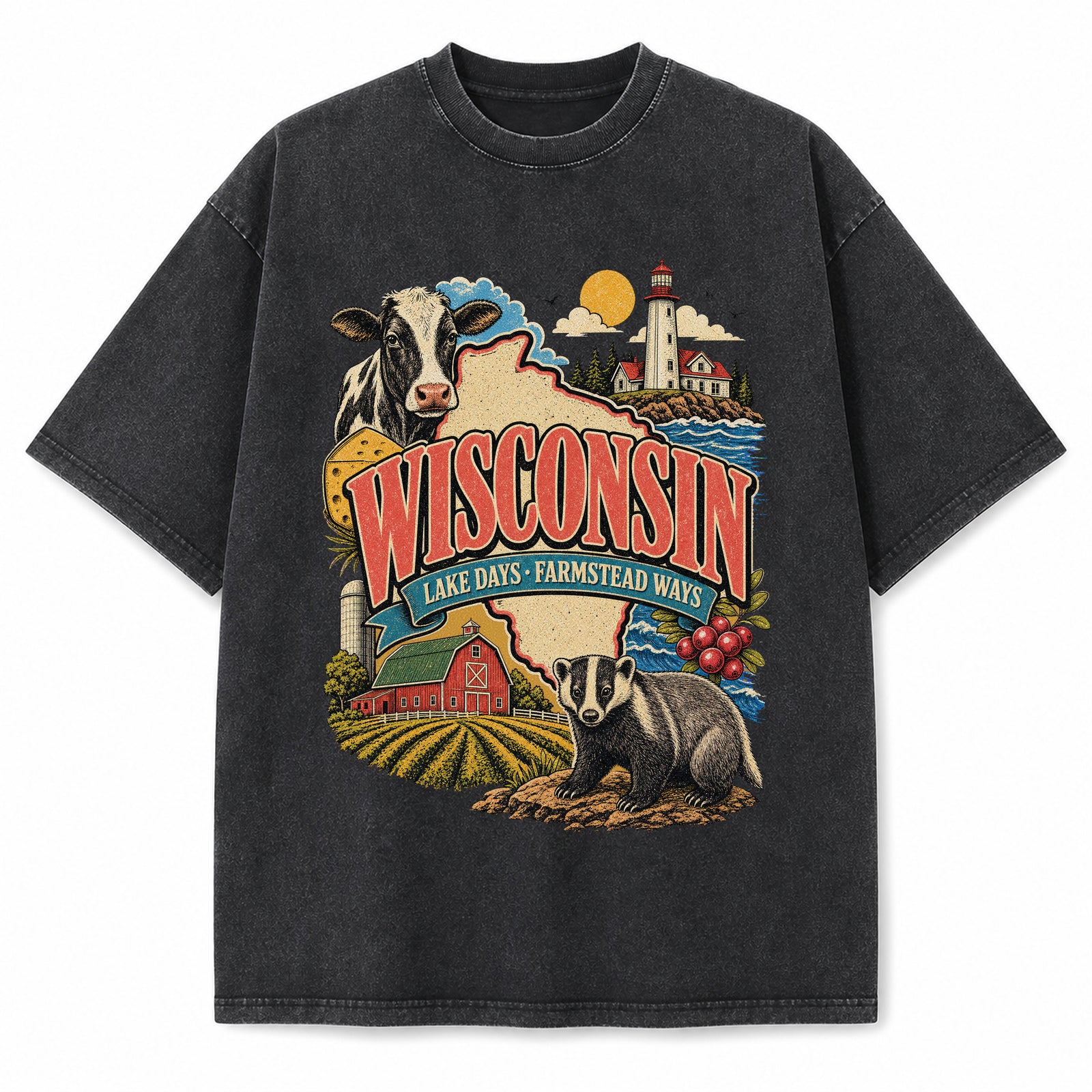 Colorful Wisconsin State Collage Washed Vintage T-Shirt in Black, front view on a white background