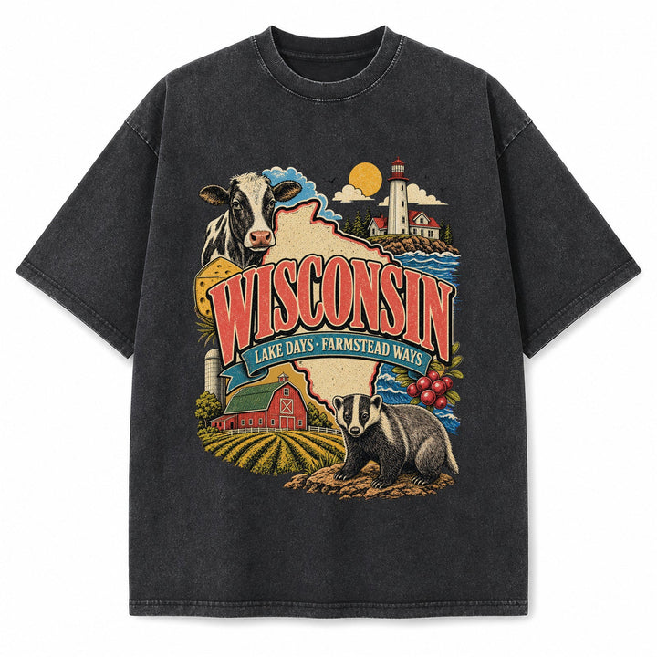 Colorful Wisconsin State Collage Washed Vintage T-Shirt in Black, front view on a white background