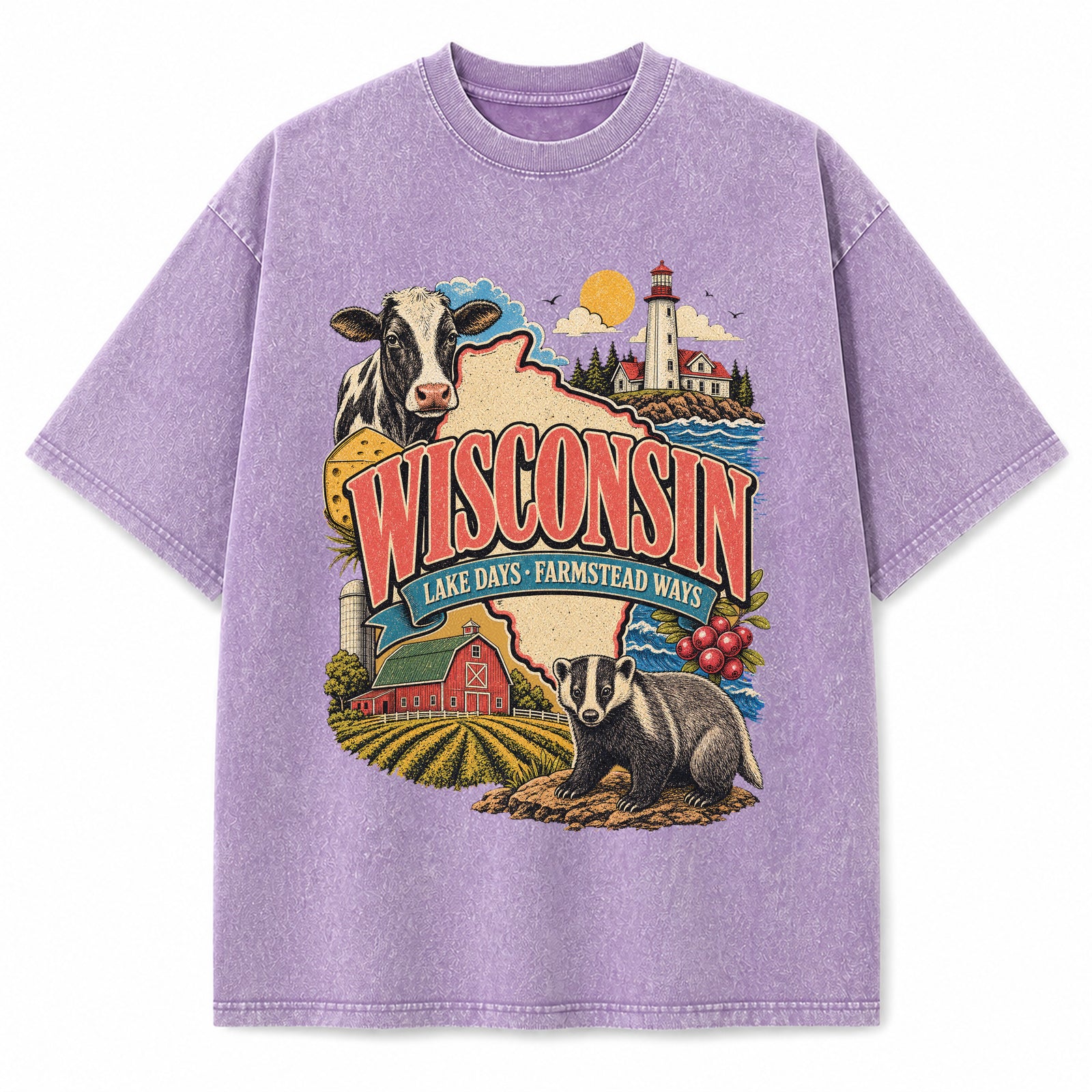 Colorful Wisconsin State Collage Washed Vintage T-Shirt in Purple, front view on a white background