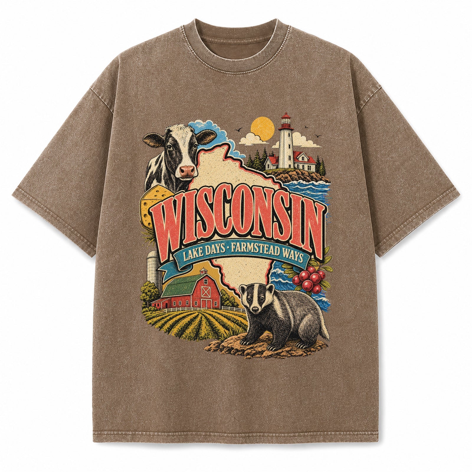 Colorful Wisconsin State Collage Washed Vintage T-Shirt in Brown, front view on a white background