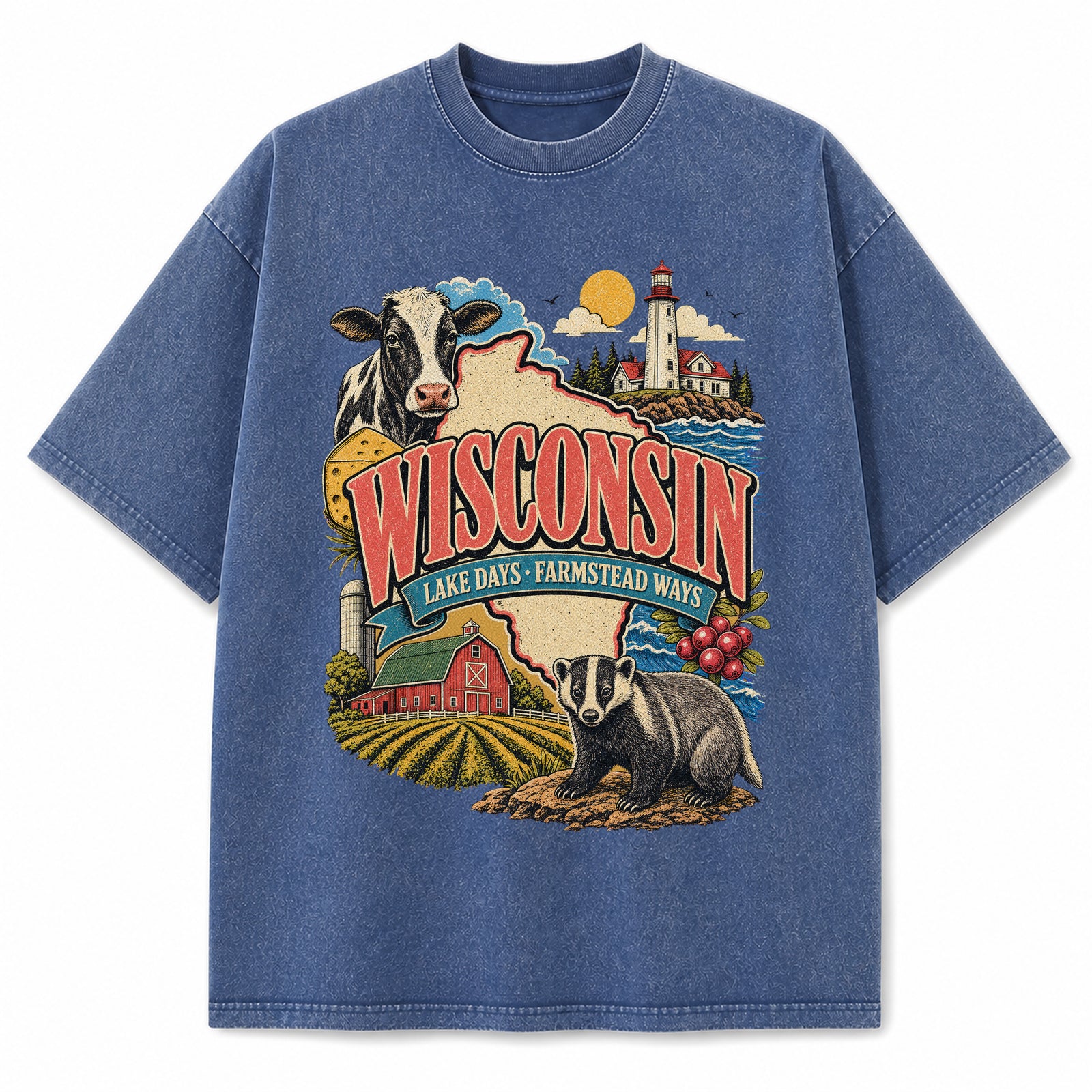 Colorful Wisconsin State Collage Washed Vintage T-Shirt in Blue, front view on a white background