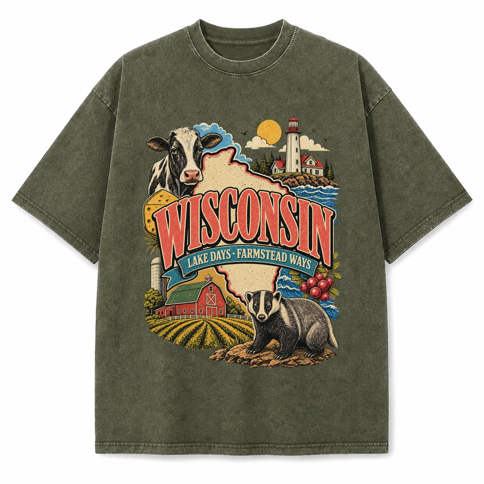 Colorful Wisconsin State Collage Washed Vintage T-Shirt in Military Green, front view on a white background