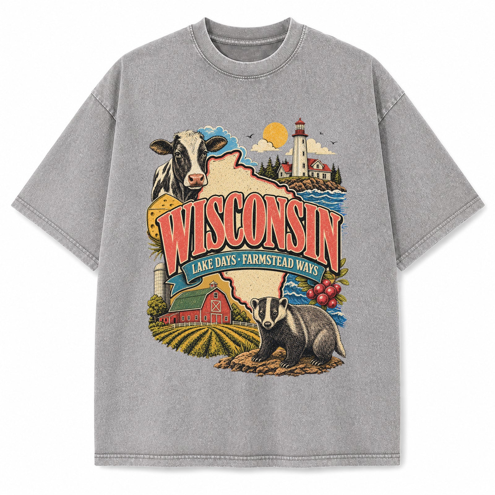 Colorful Wisconsin State Collage Washed Vintage T-Shirt in Light Gray, front view on a white background