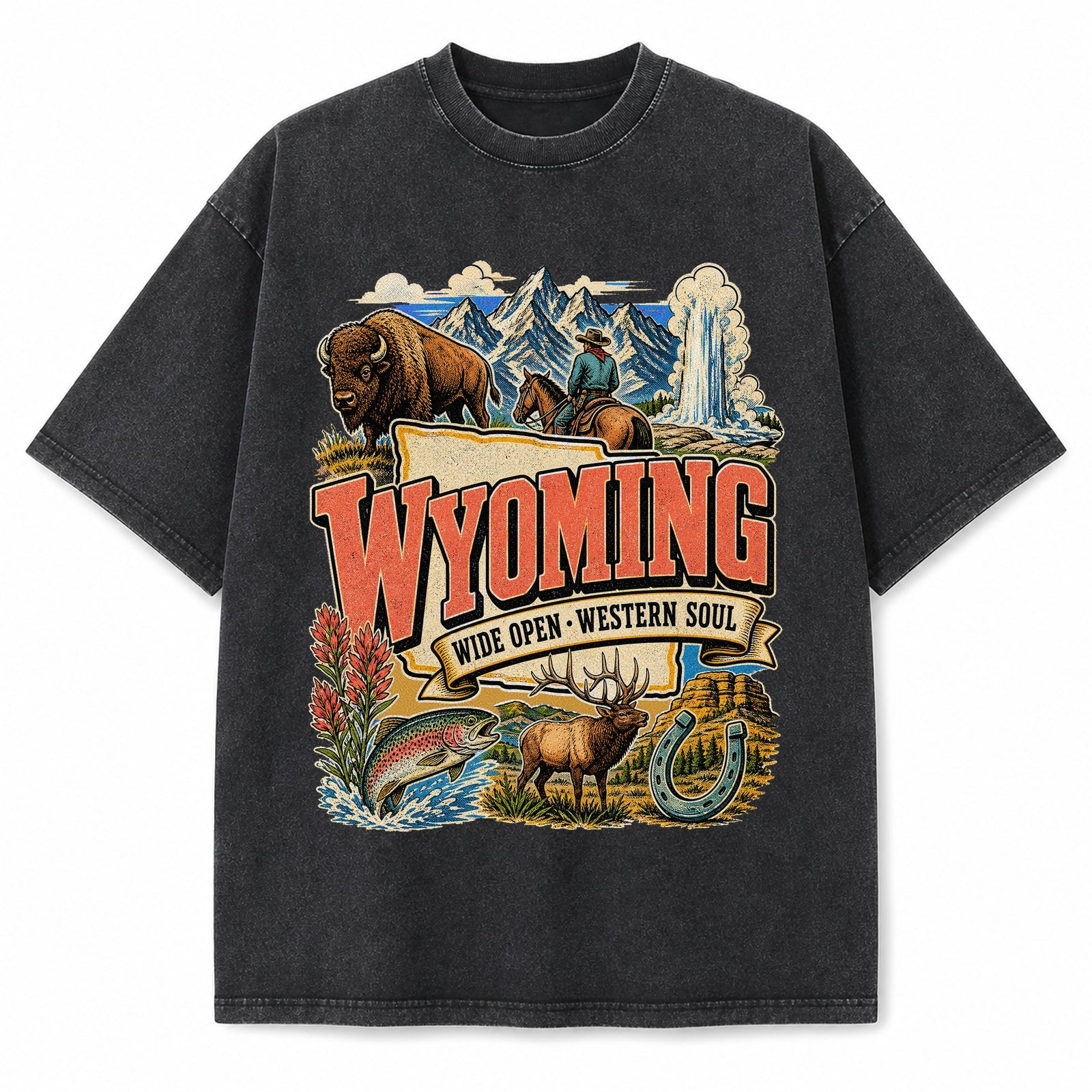 Colorful Wyoming State Collage Washed Vintage T-Shirt in Black, front view on a white background