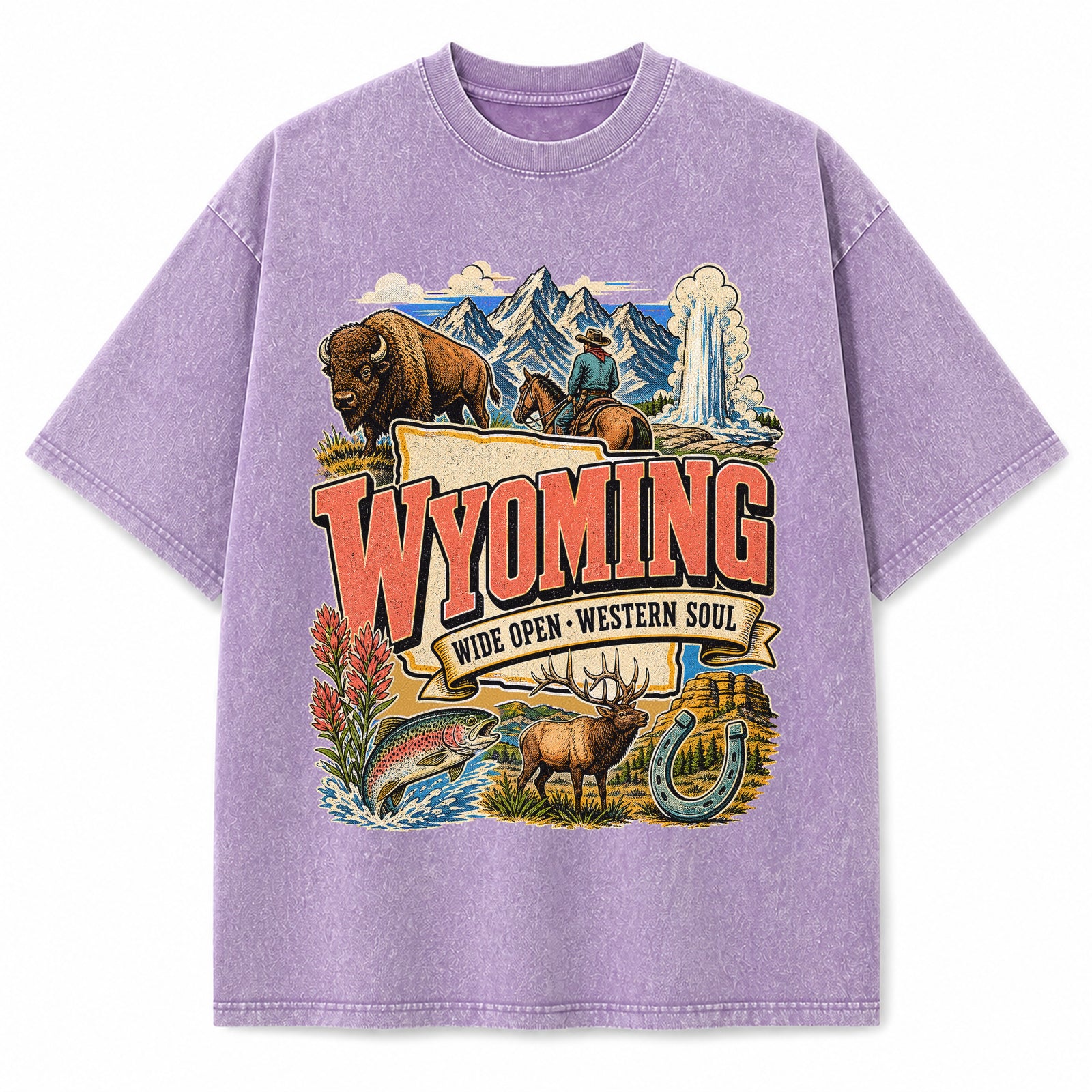 Colorful Wyoming State Collage Washed Vintage T-Shirt in Purple, front view on a white background