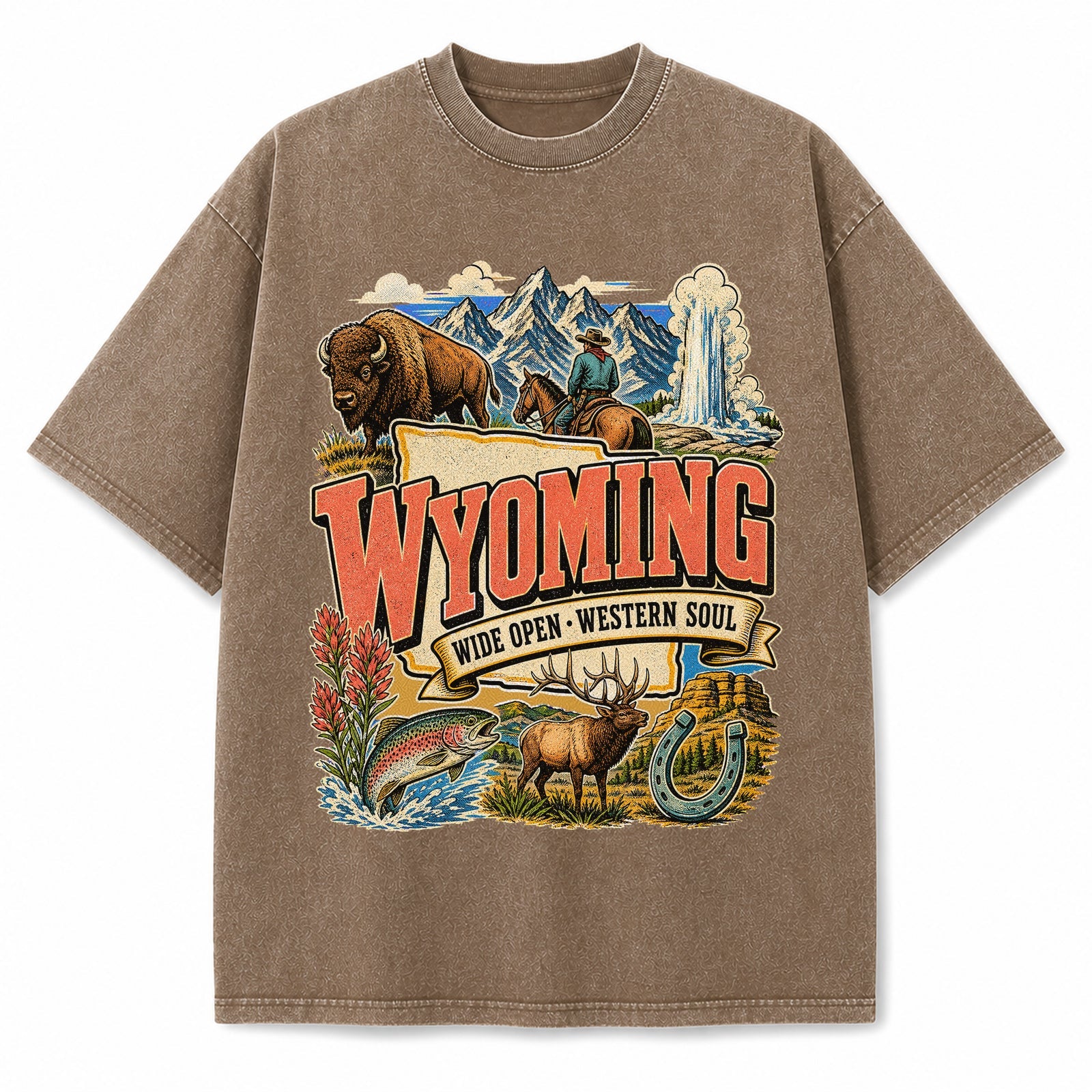 Colorful Wyoming State Collage Washed Vintage T-Shirt in Brown, front view on a white background