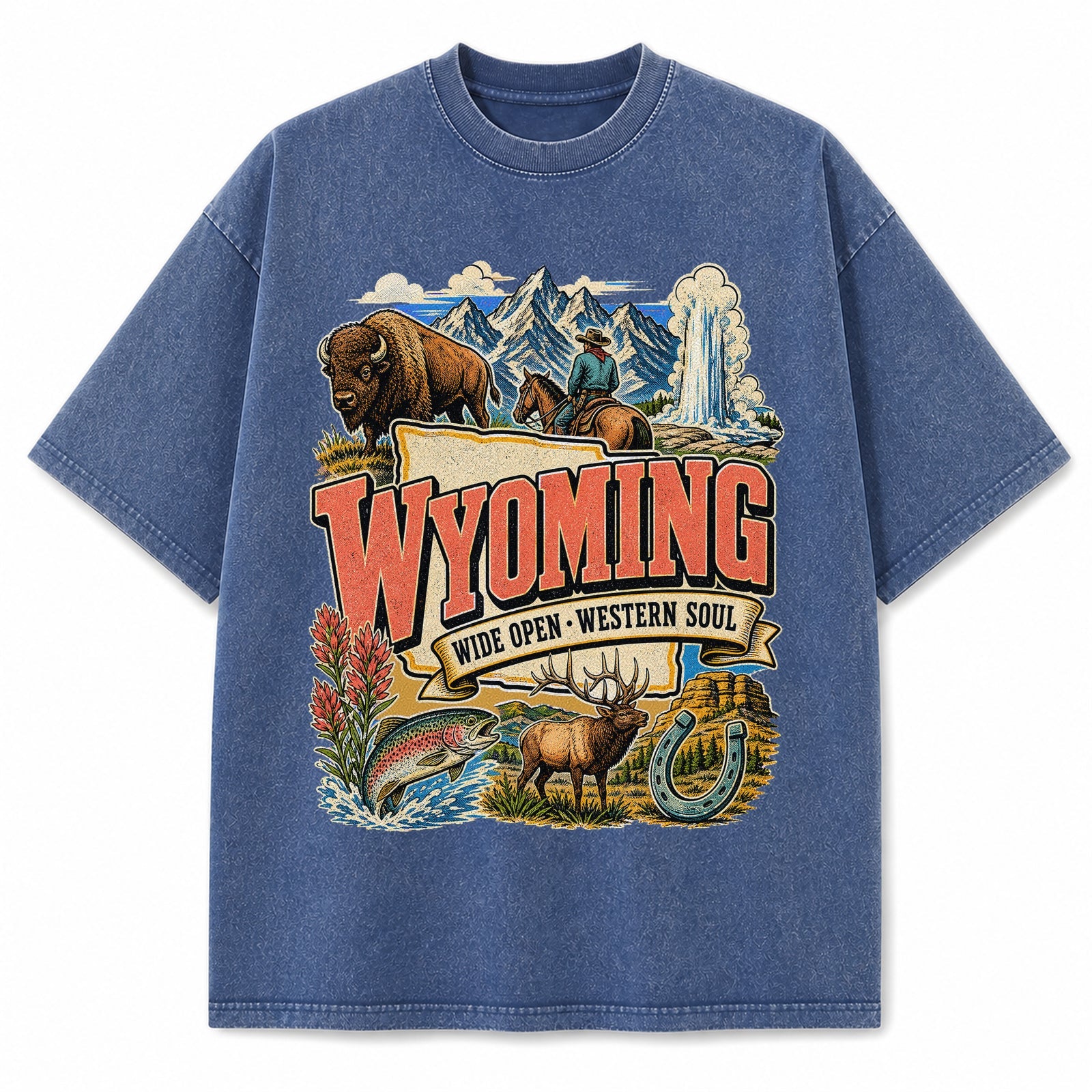 Colorful Wyoming State Collage Washed Vintage T-Shirt in Blue, front view on a white background