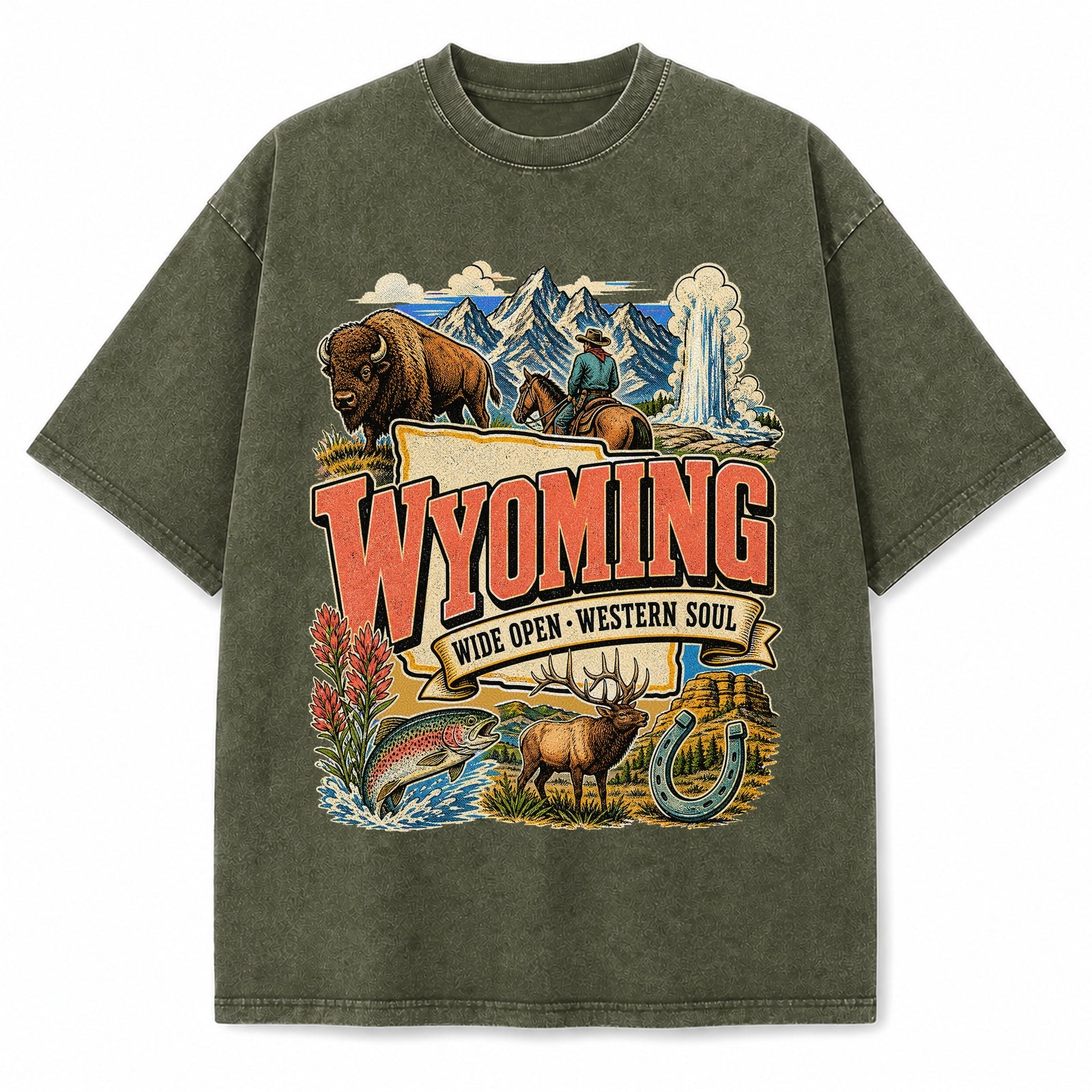 Colorful Wyoming State Collage Washed Vintage T-Shirt in Military Green, front view on a white background