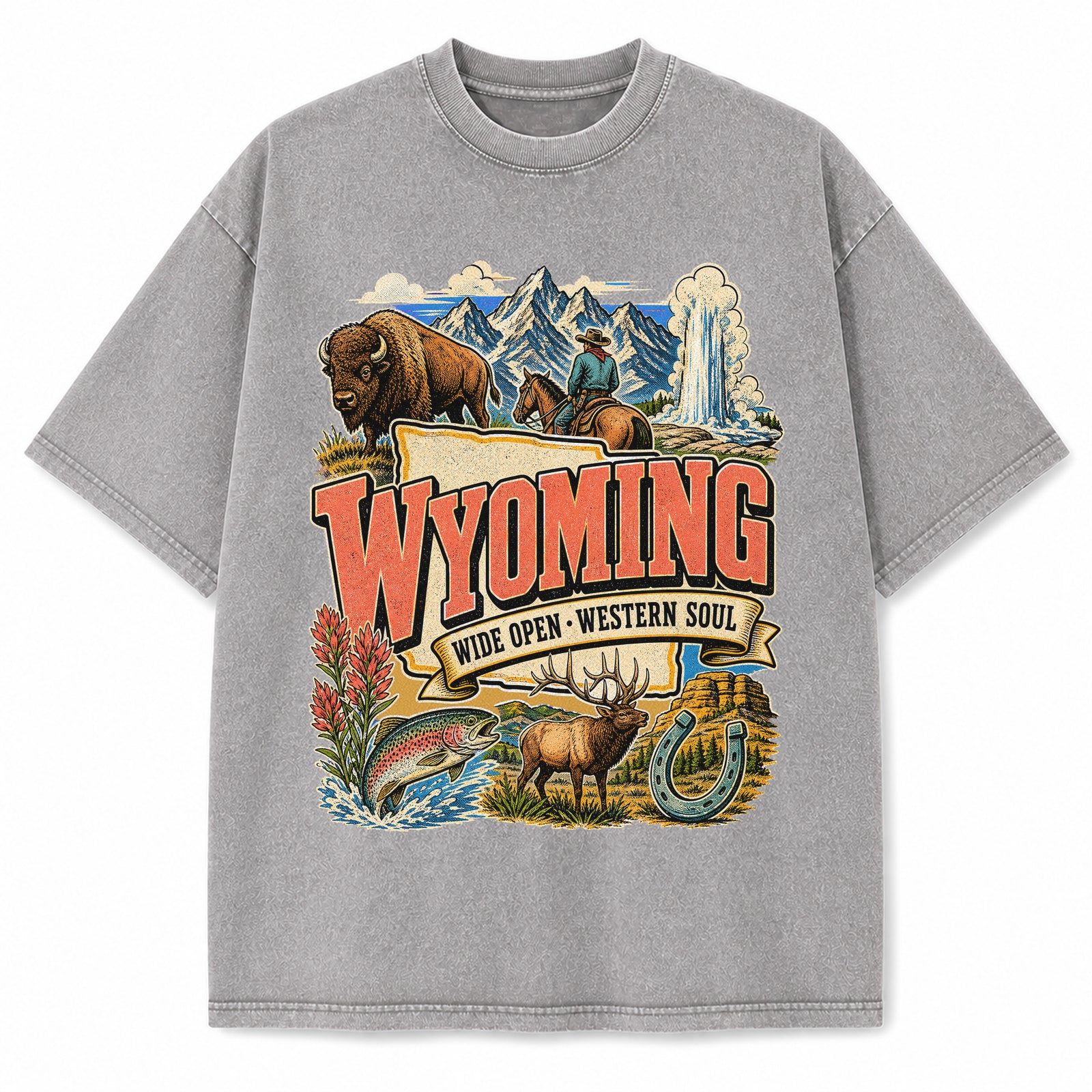 Colorful Wyoming State Collage Washed Vintage T-Shirt in Light Gray, front view on a white background