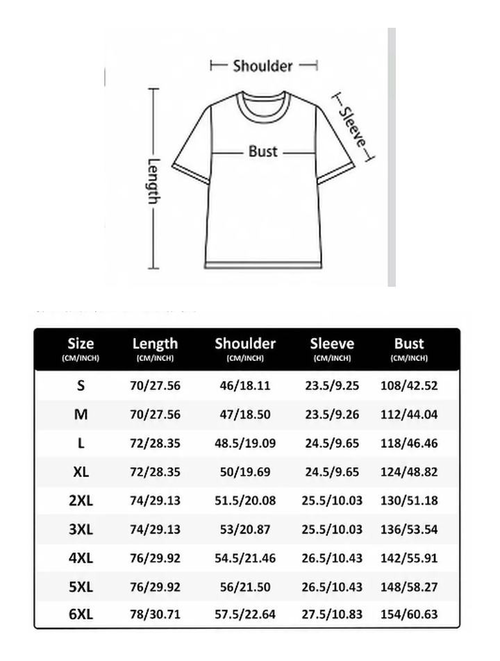 Home T-shirt size chart with garment measurements in centimeters and inches