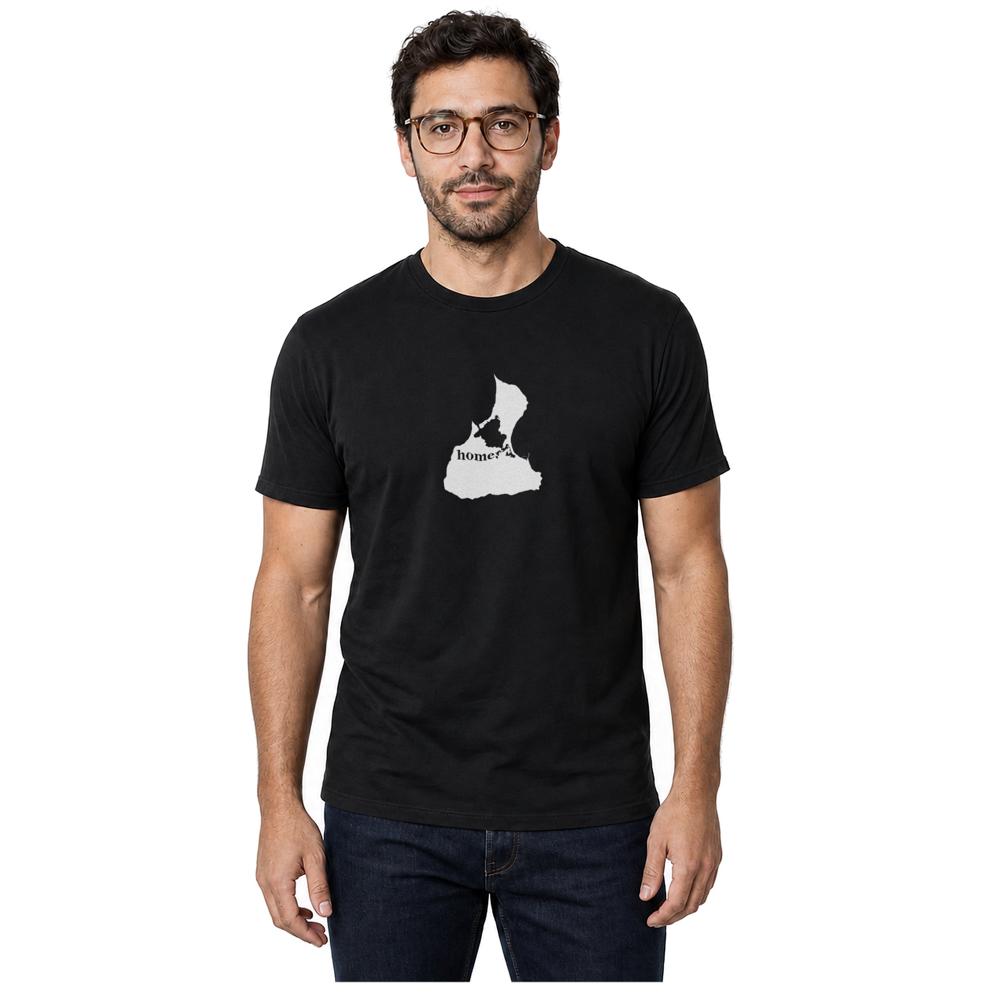 Block Island home T-shirt in black shown on a male model