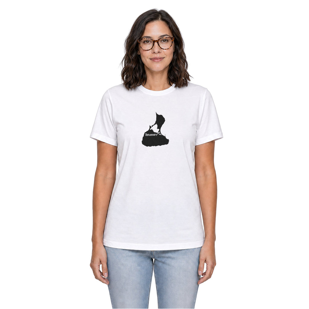Block Island home T-shirt in white shown on a female model