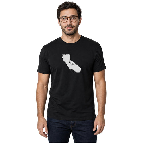 California home T-shirt in black shown on a male model