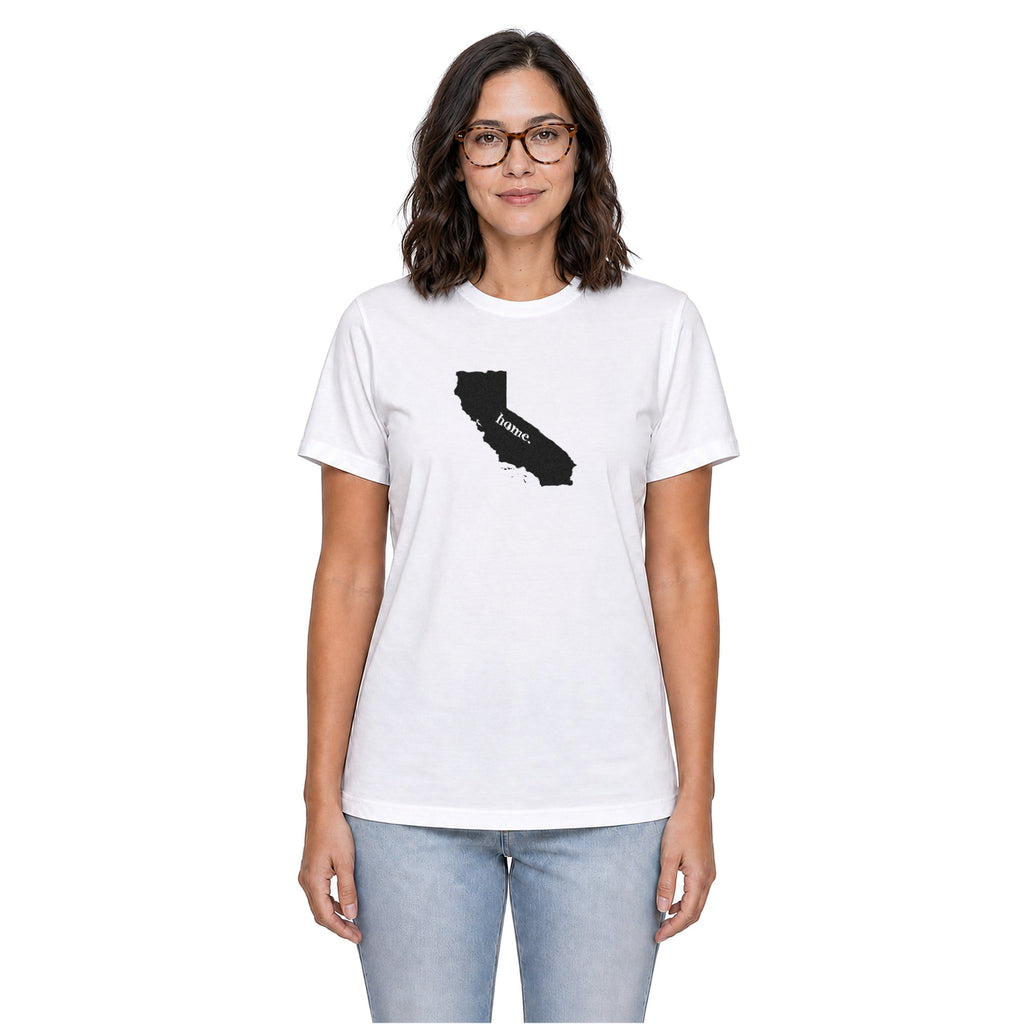 California home T-shirt in white shown on a female model