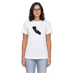 California home T-shirt in white shown on a female model