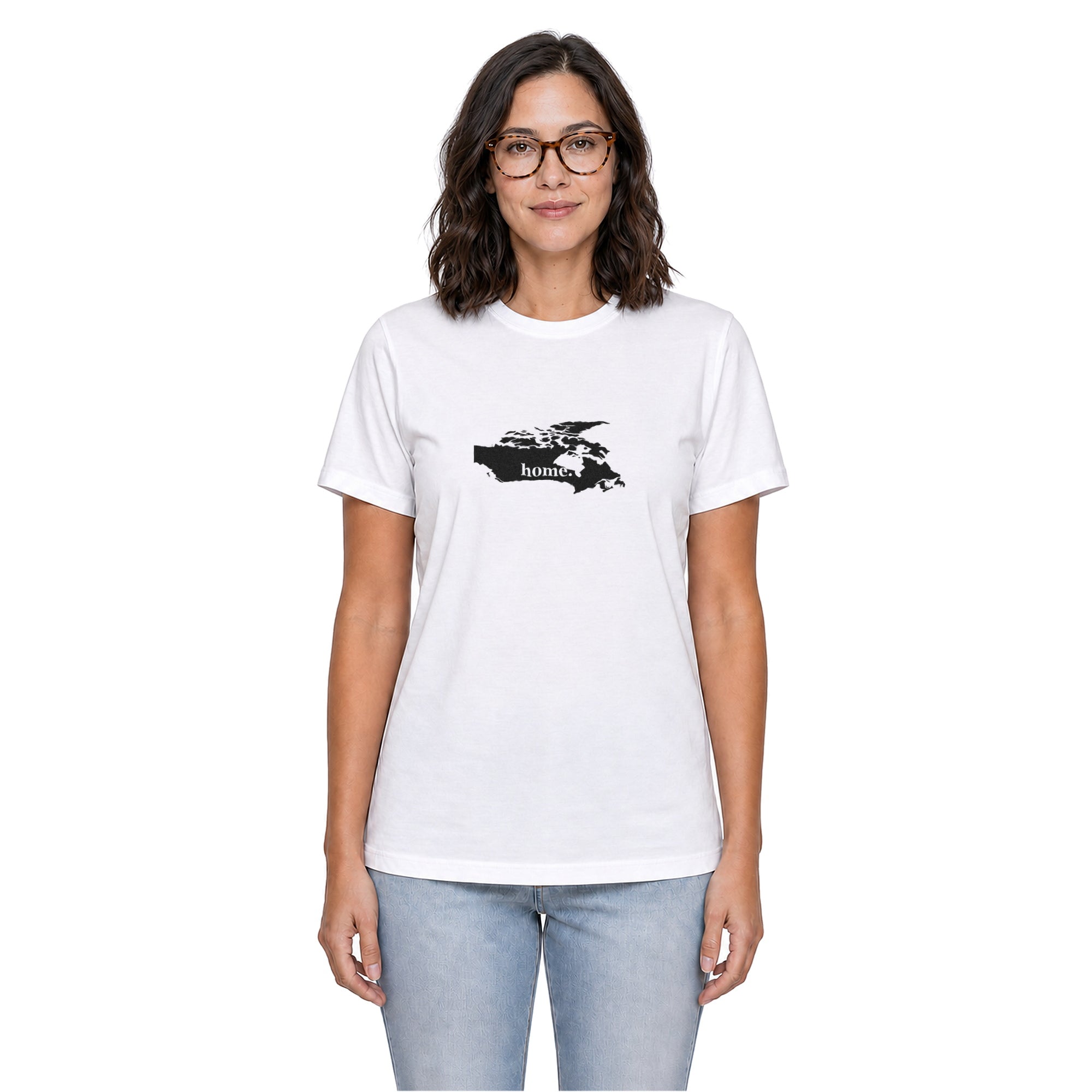 Canada home T-shirt in white shown on a female model