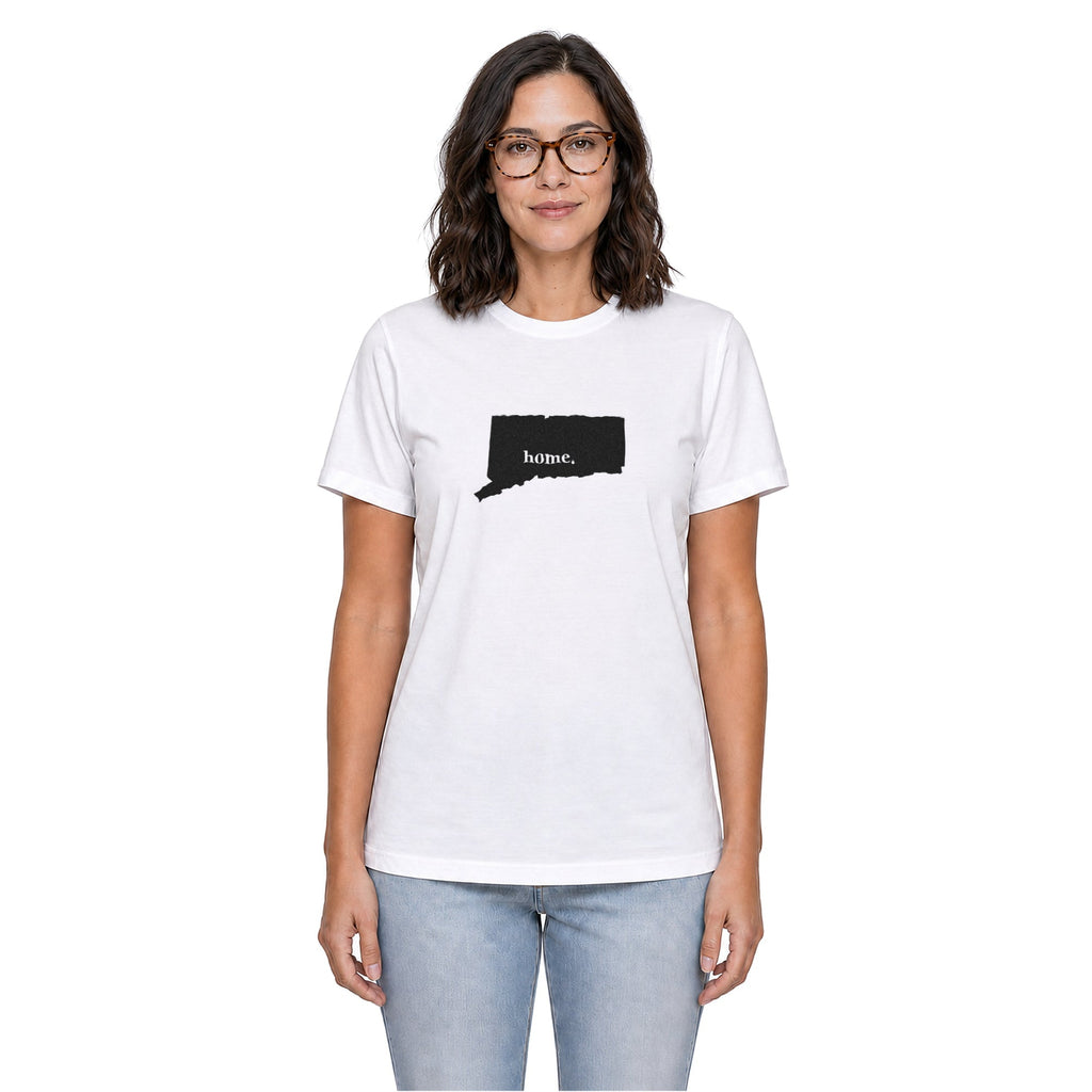 Connecticut home T-shirt in white shown on a female model
