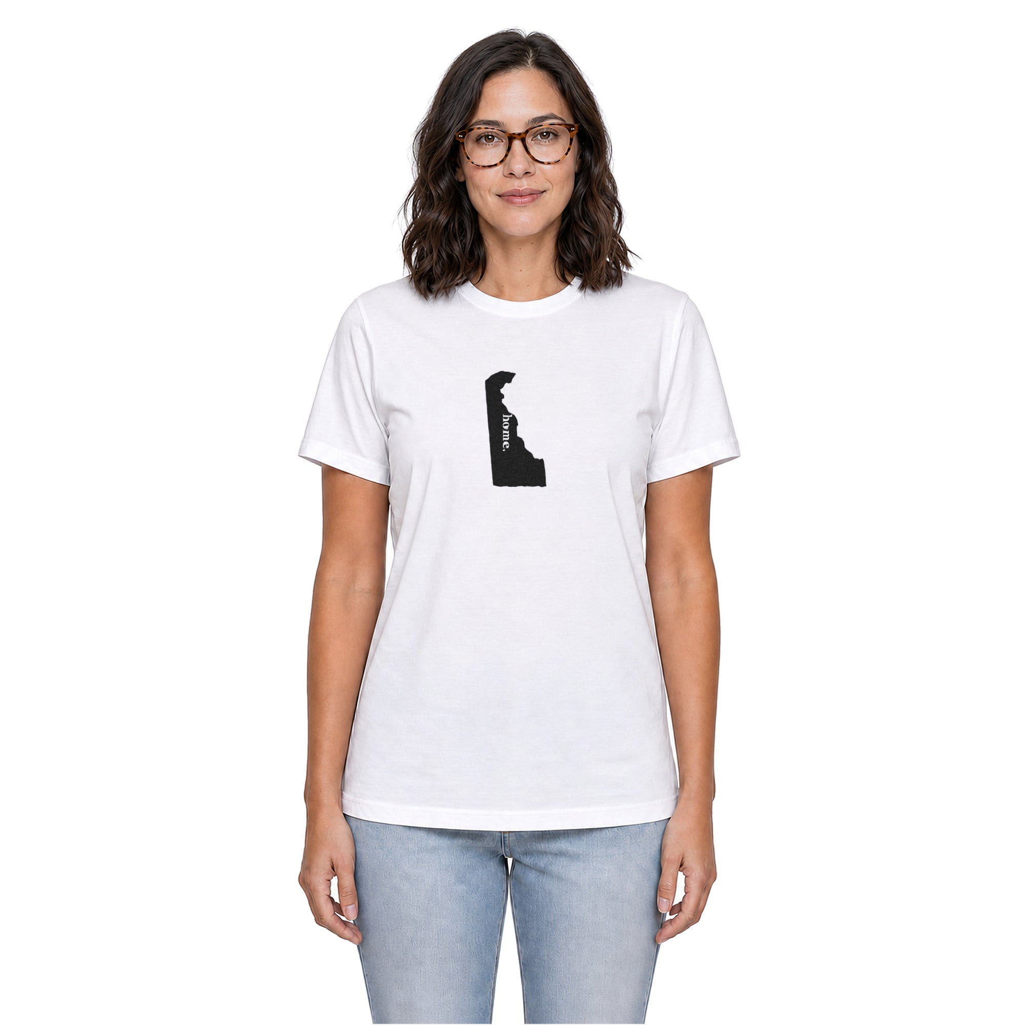 Delaware home T-shirt in white shown on a female model