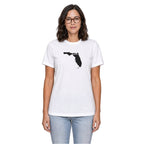 Florida home T-shirt in white shown on a female model