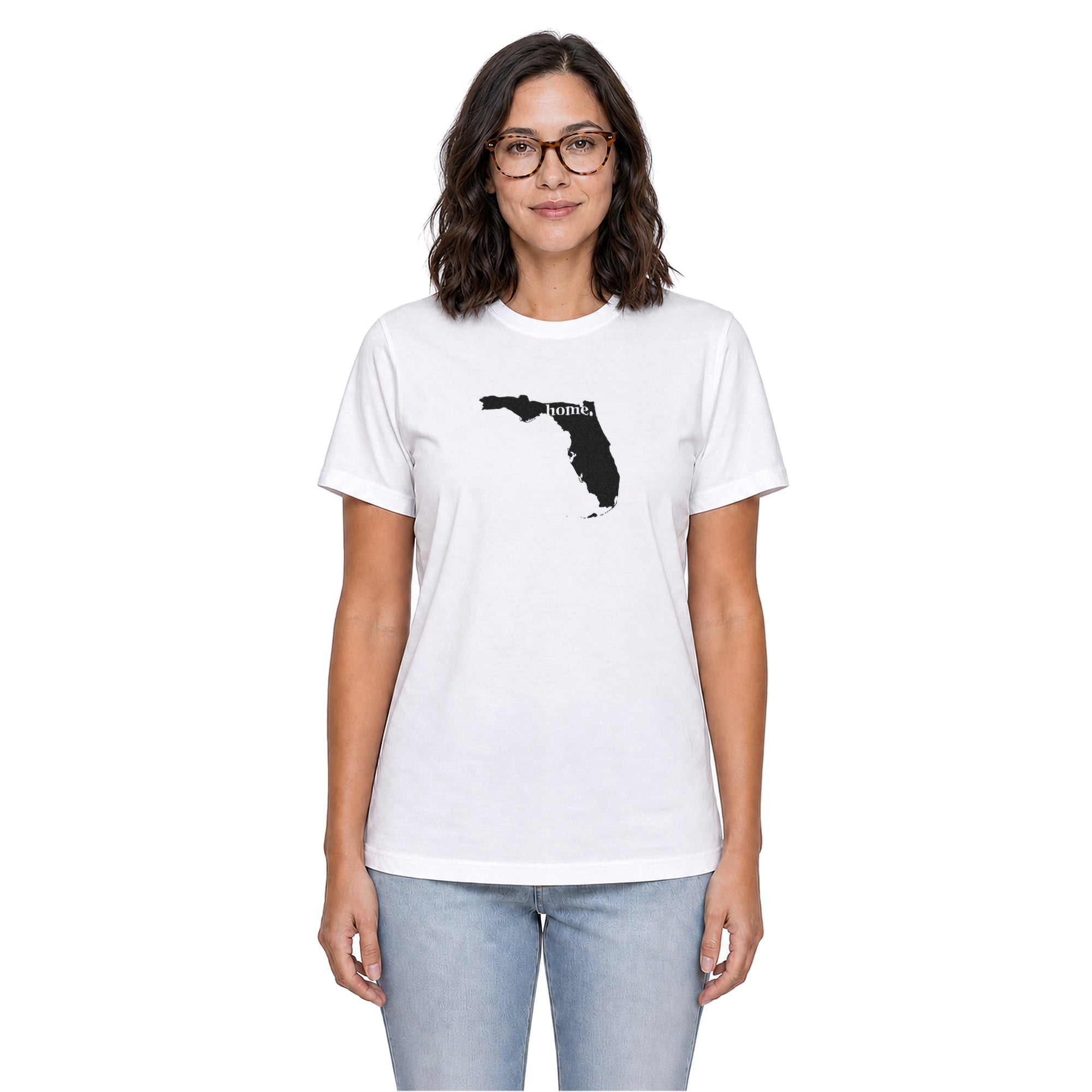Florida home T-shirt in white shown on a female model