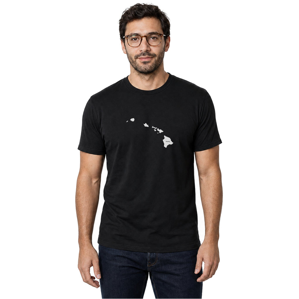 Hawaii home T-shirt in black shown on a male model