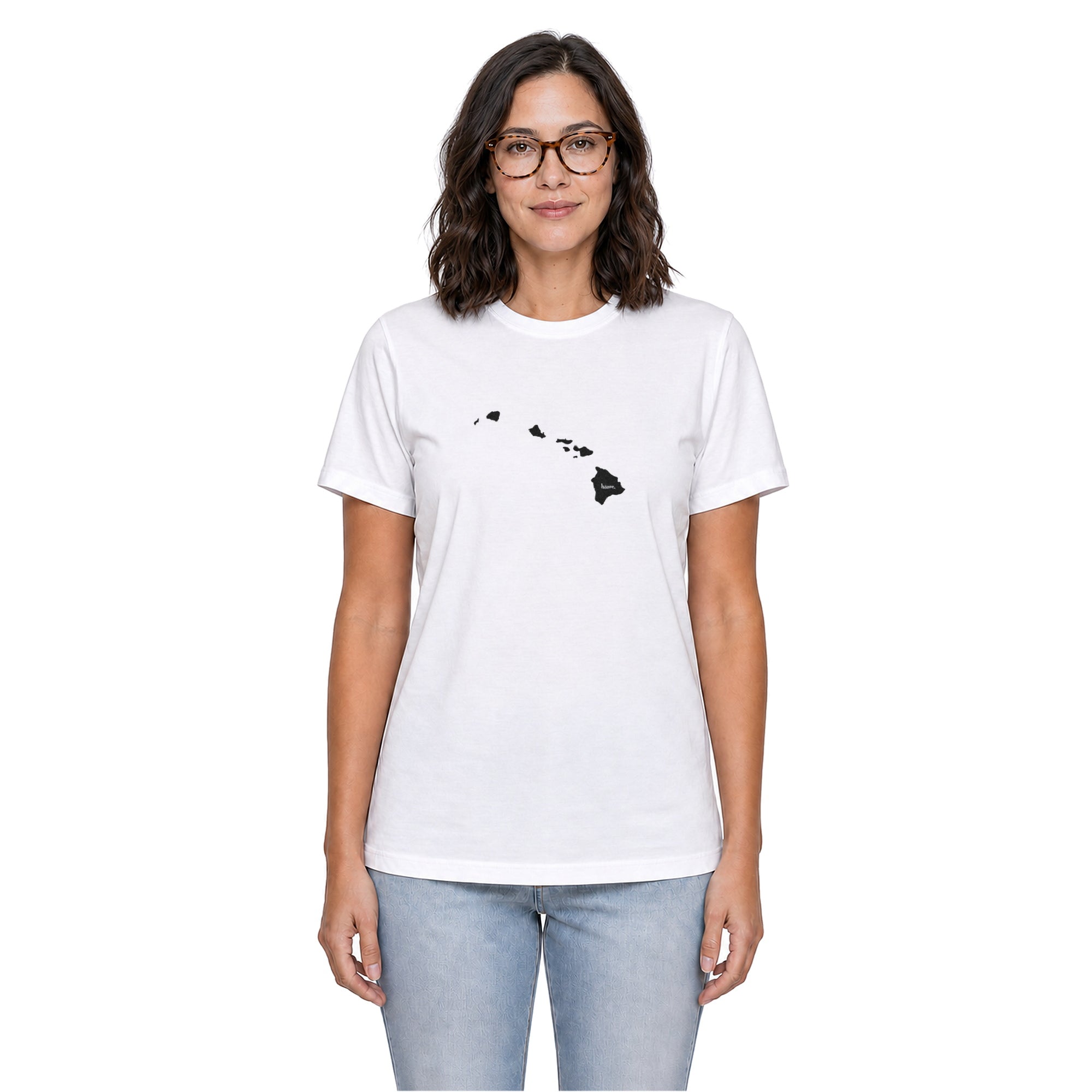 Hawaii home T-shirt in white shown on a female model
