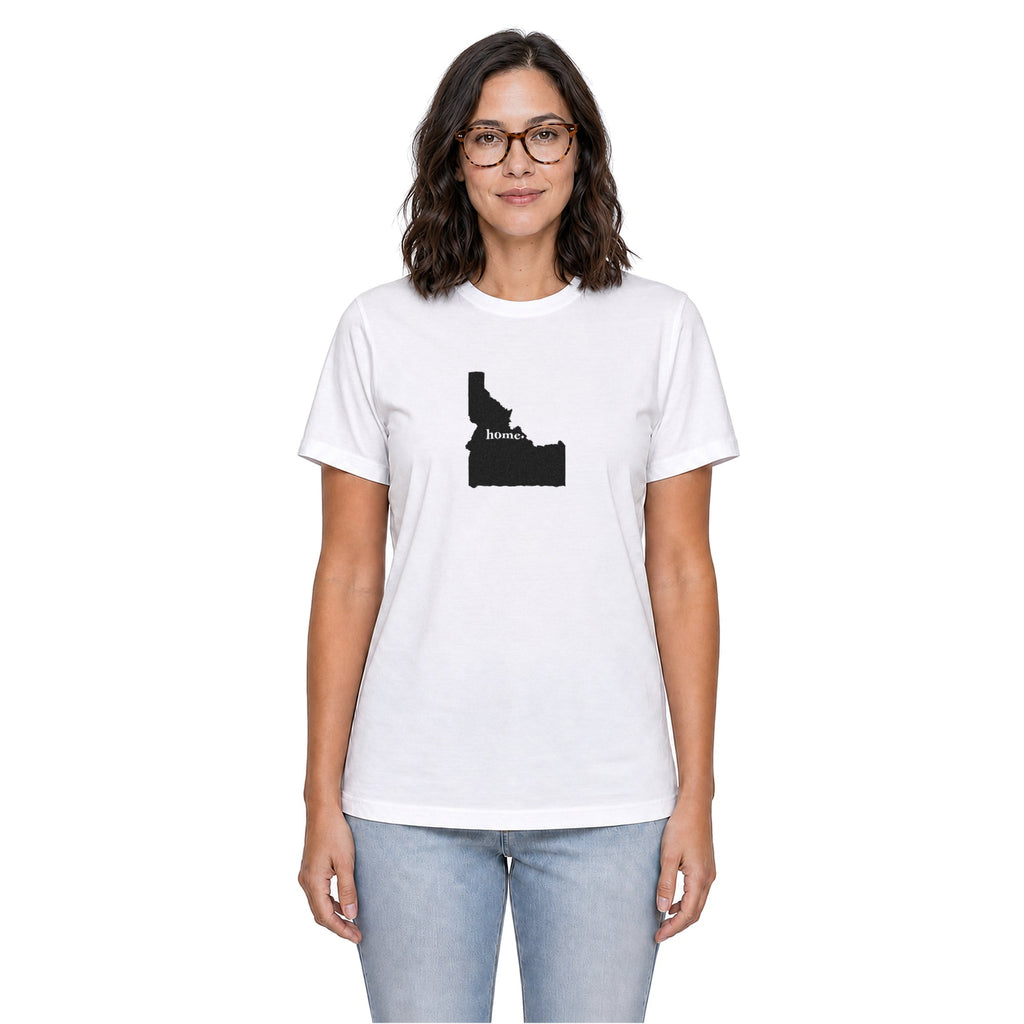 Idaho home T-shirt in white shown on a female model