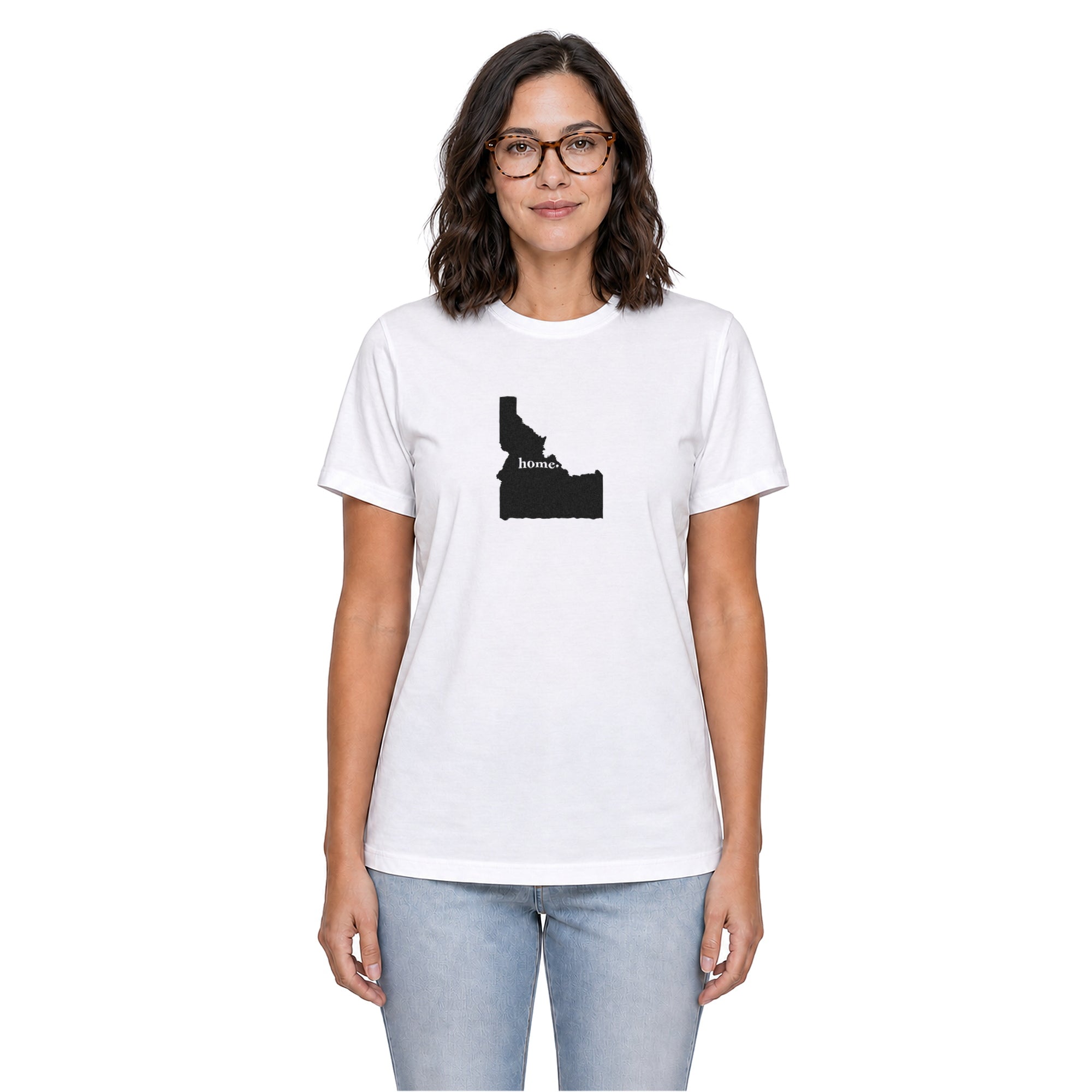 Idaho home T-shirt in white shown on a female model